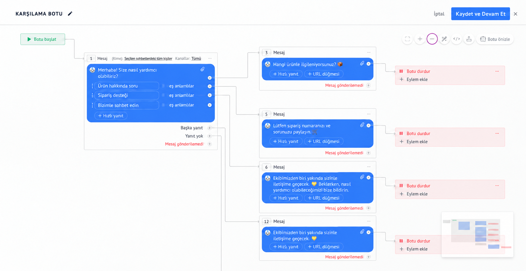 A chatbot interface displaying various message options for user assistance and support.