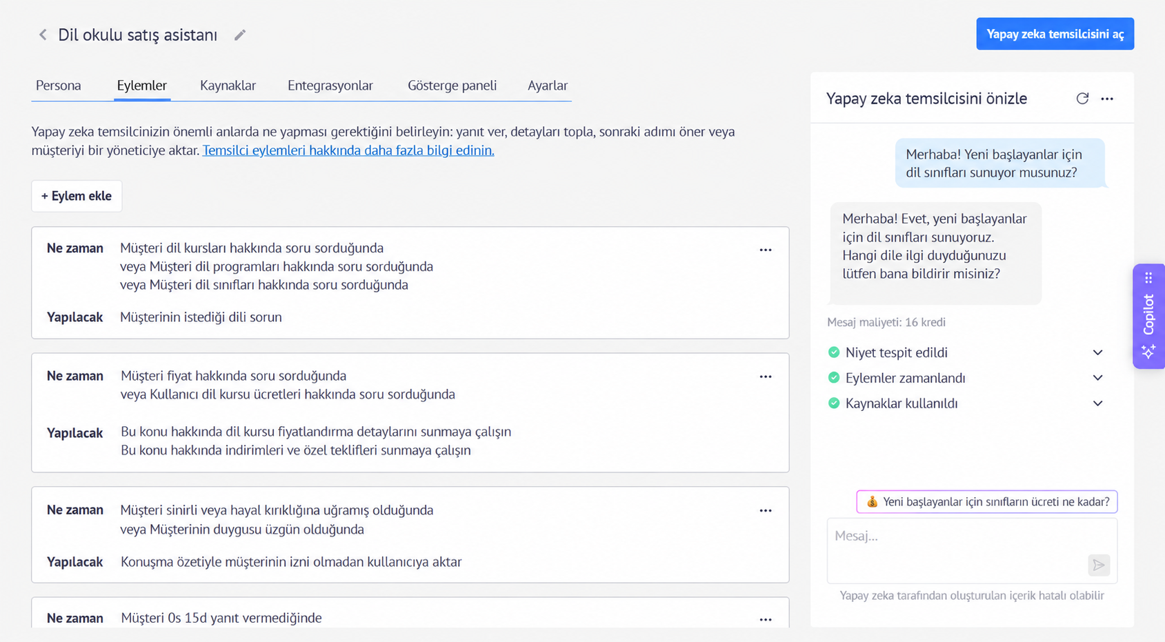 AI assistant interface displaying customer inquiry and response options for language courses.