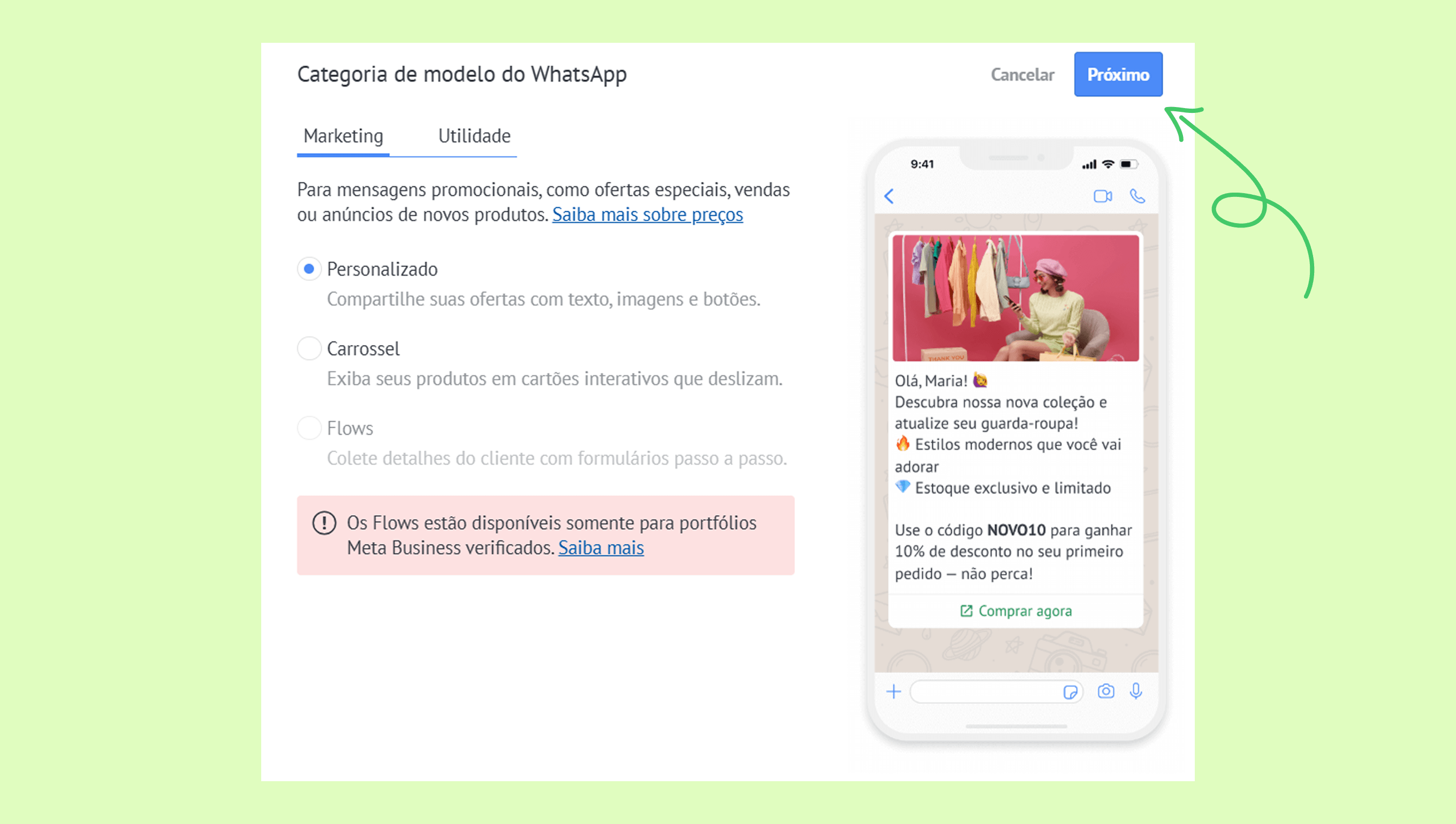 WhatsApp model category selection with highlighted options and a promotional message.