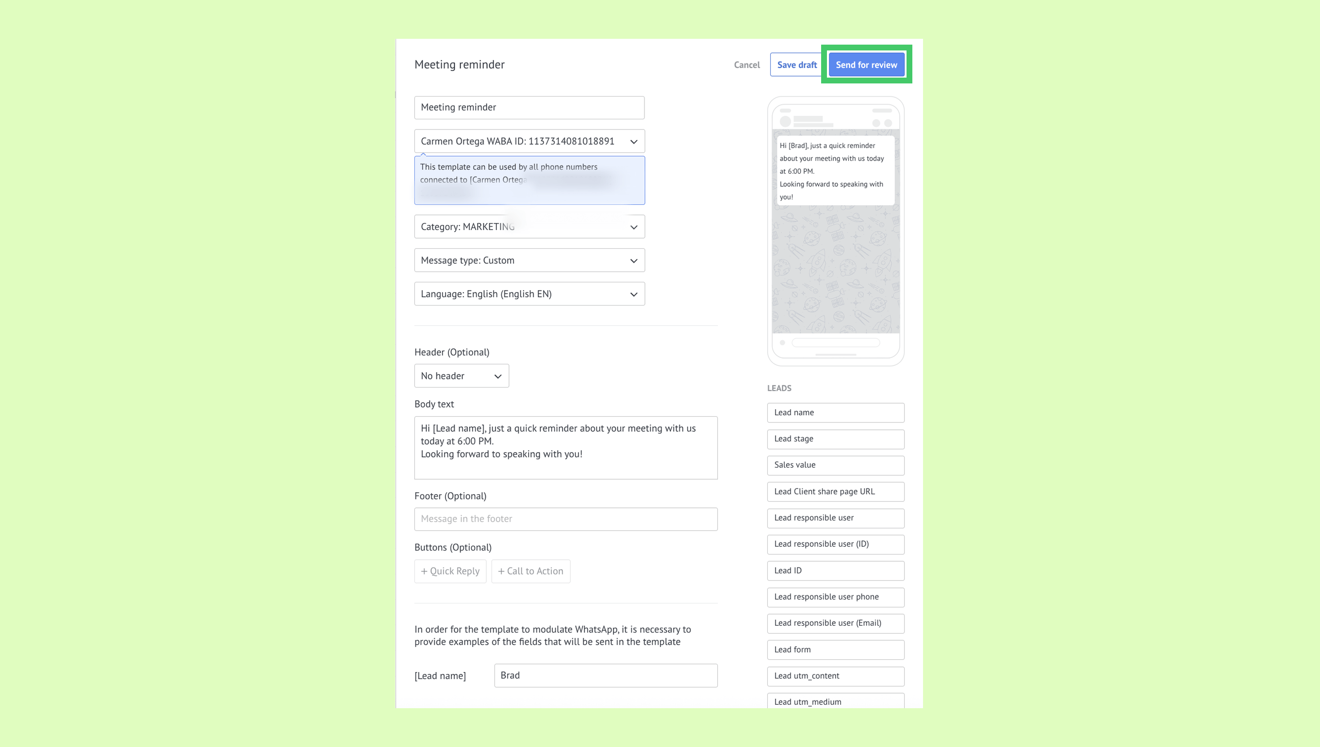 Template for sending meeting reminders with customizable fields and message preview.