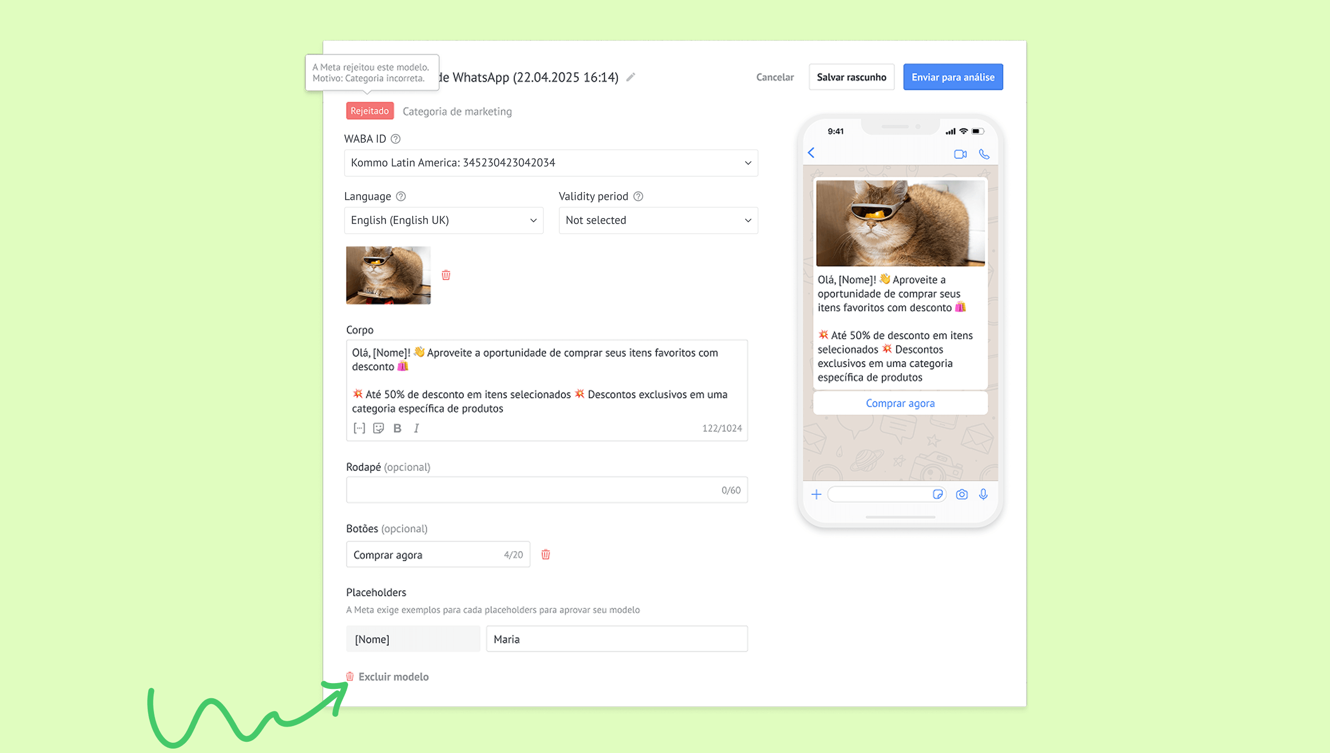 WhatsApp message template showing discounts and placeholders for user customization.