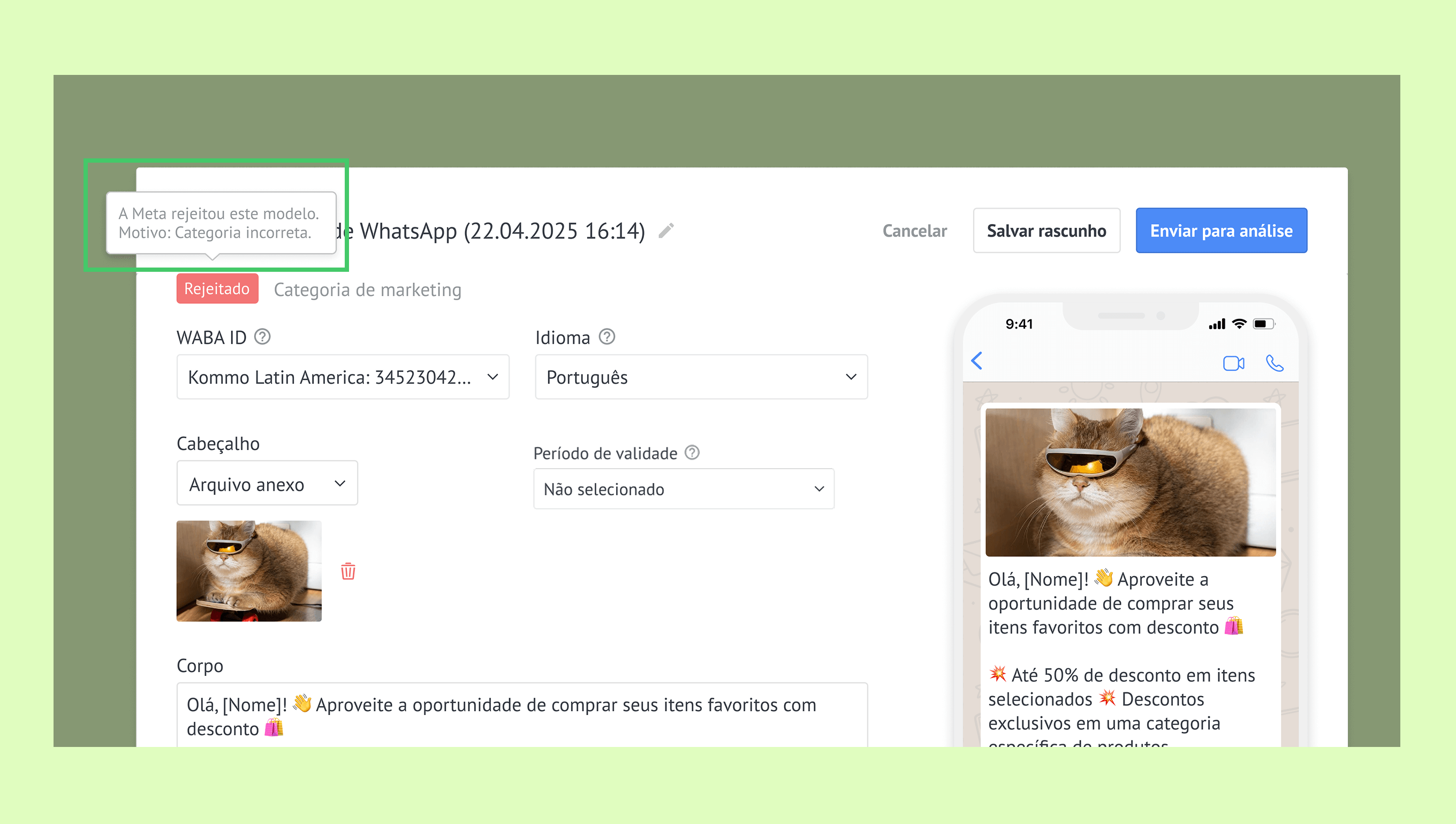 A marketing message template with a cat image and rejection notification displayed.