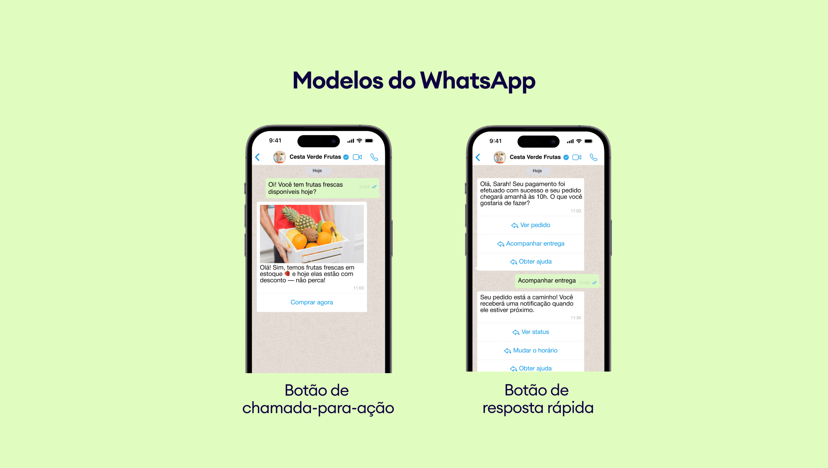 WhatsApp message templates showcasing action buttons for fruit delivery services.