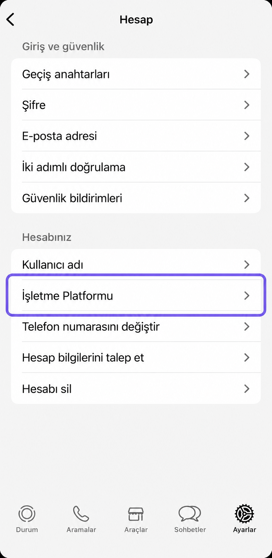 Account settings menu displaying various security options and highlighted platform settings.
