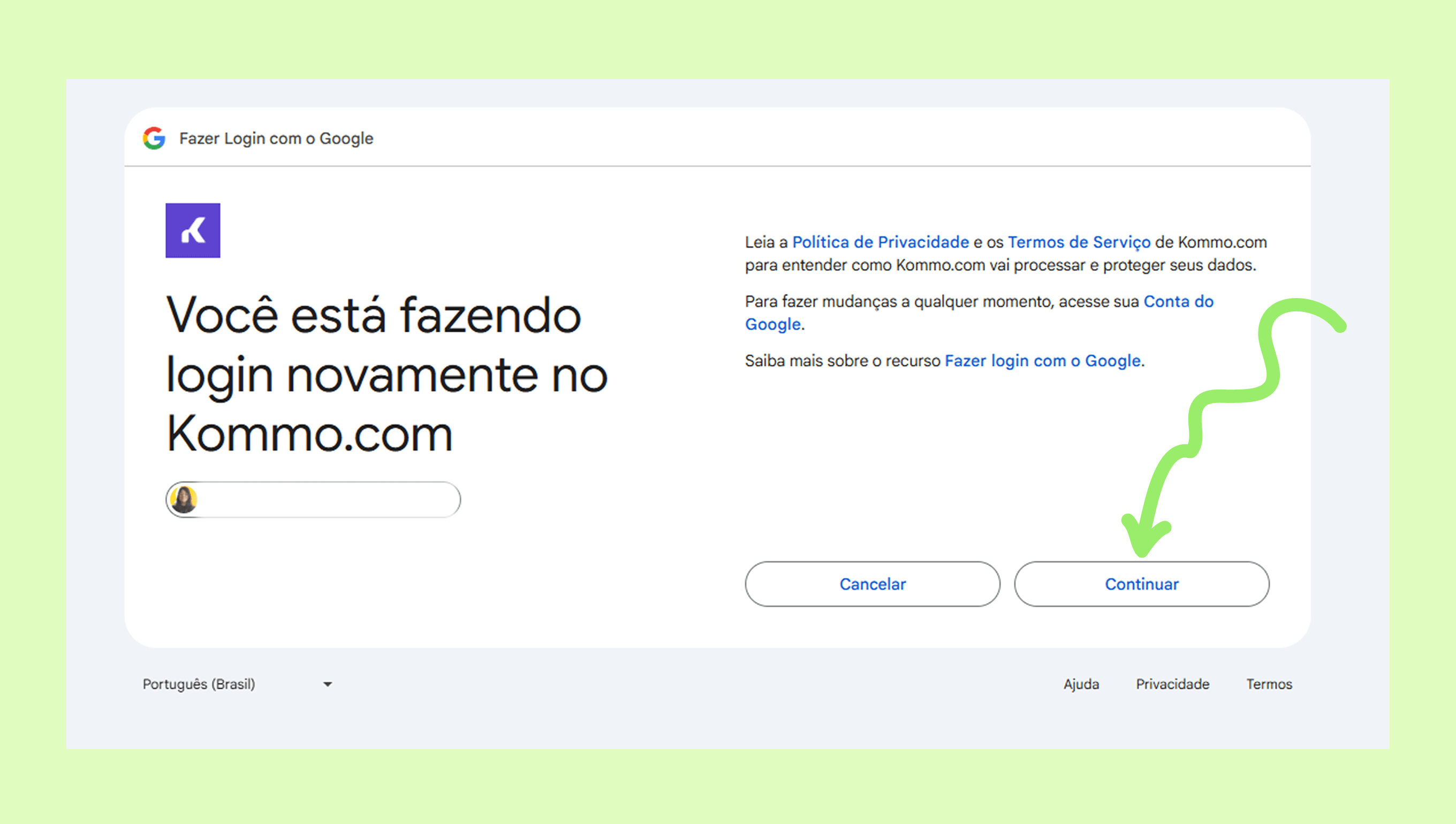 Login page for Kommo.com with options to continue or cancel the process.
