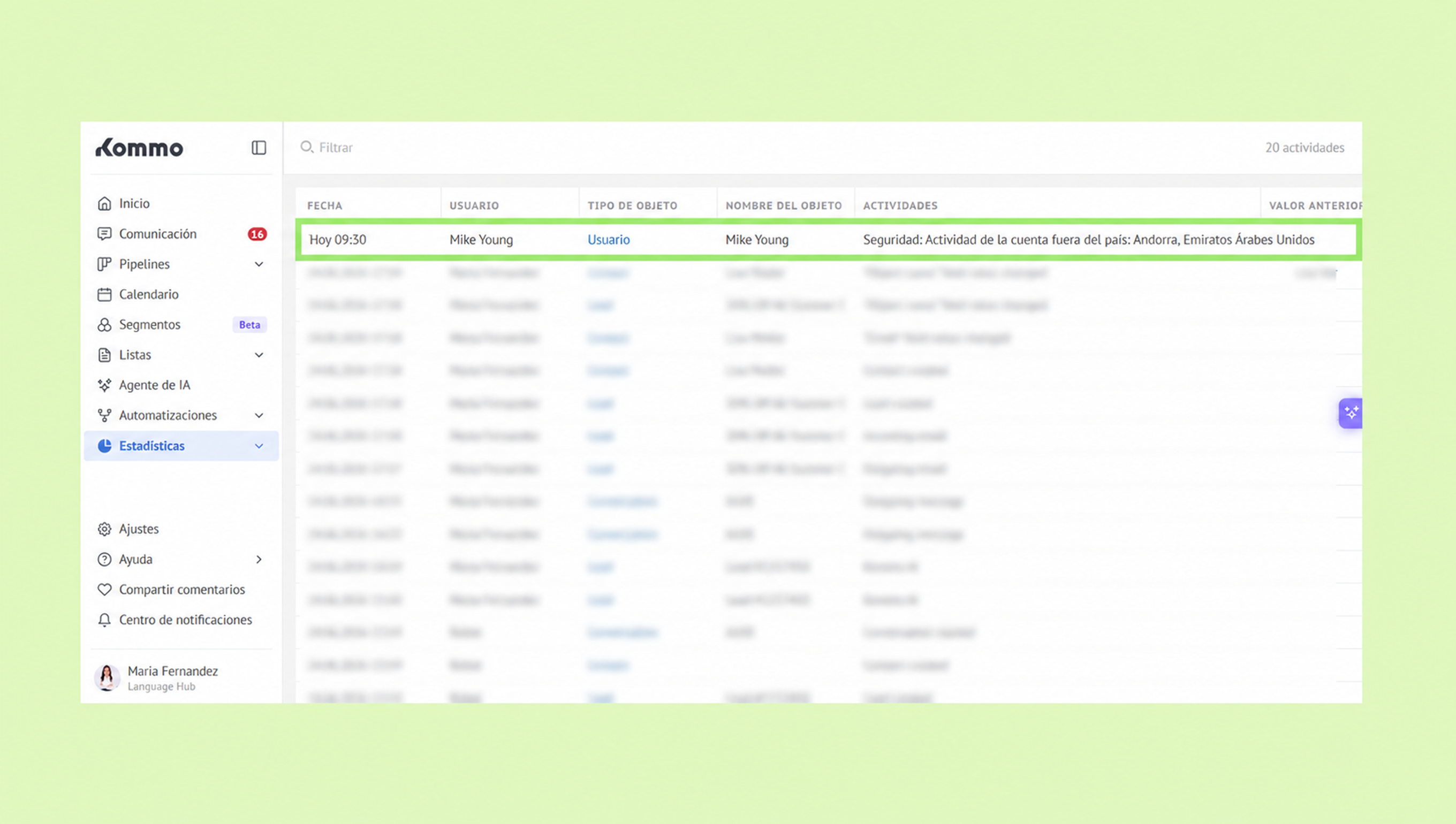 User activity log showing details for Mike Young and recent actions taken.