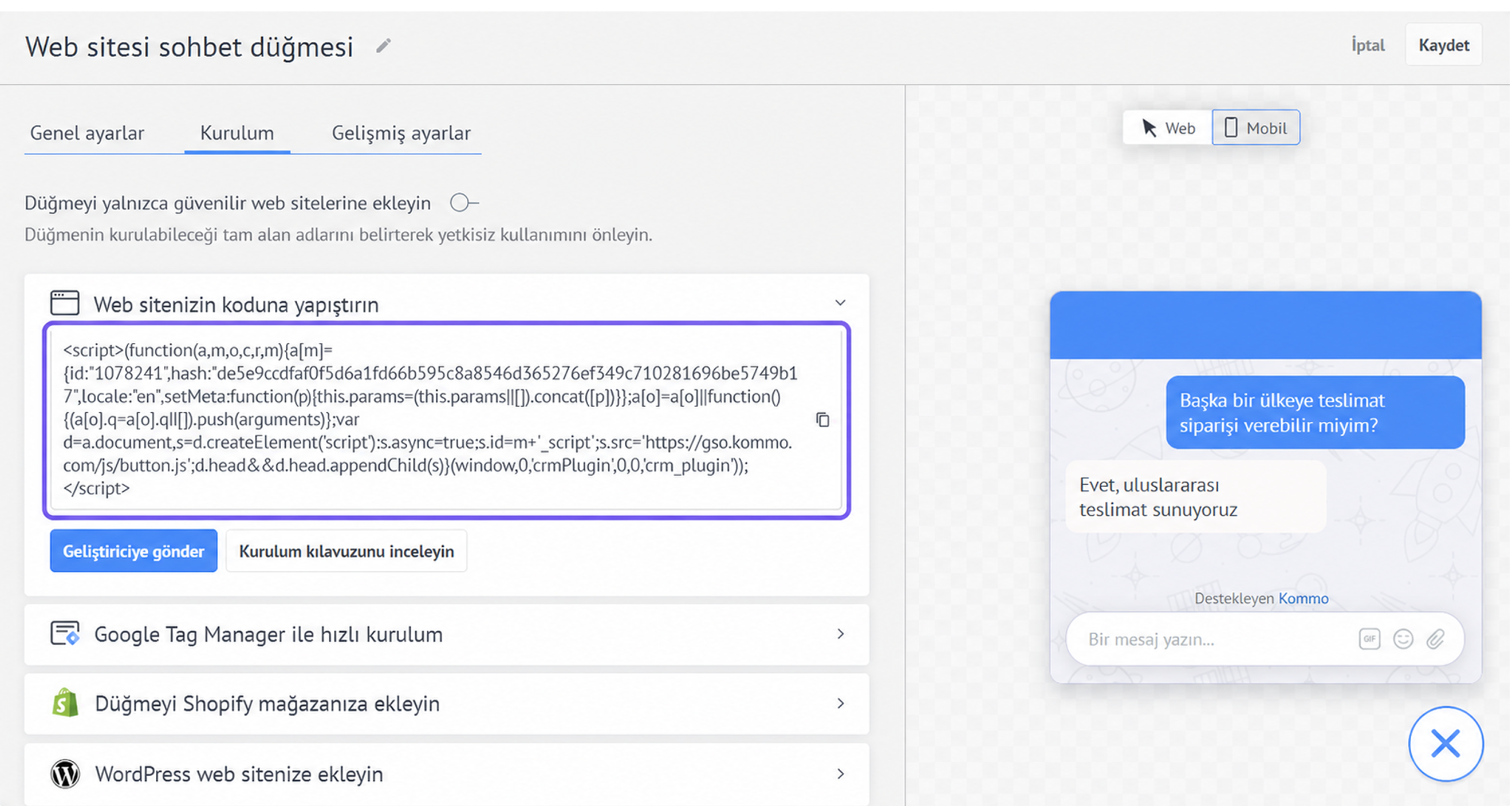Instructions for adding a website chat button with code snippet displayed.
