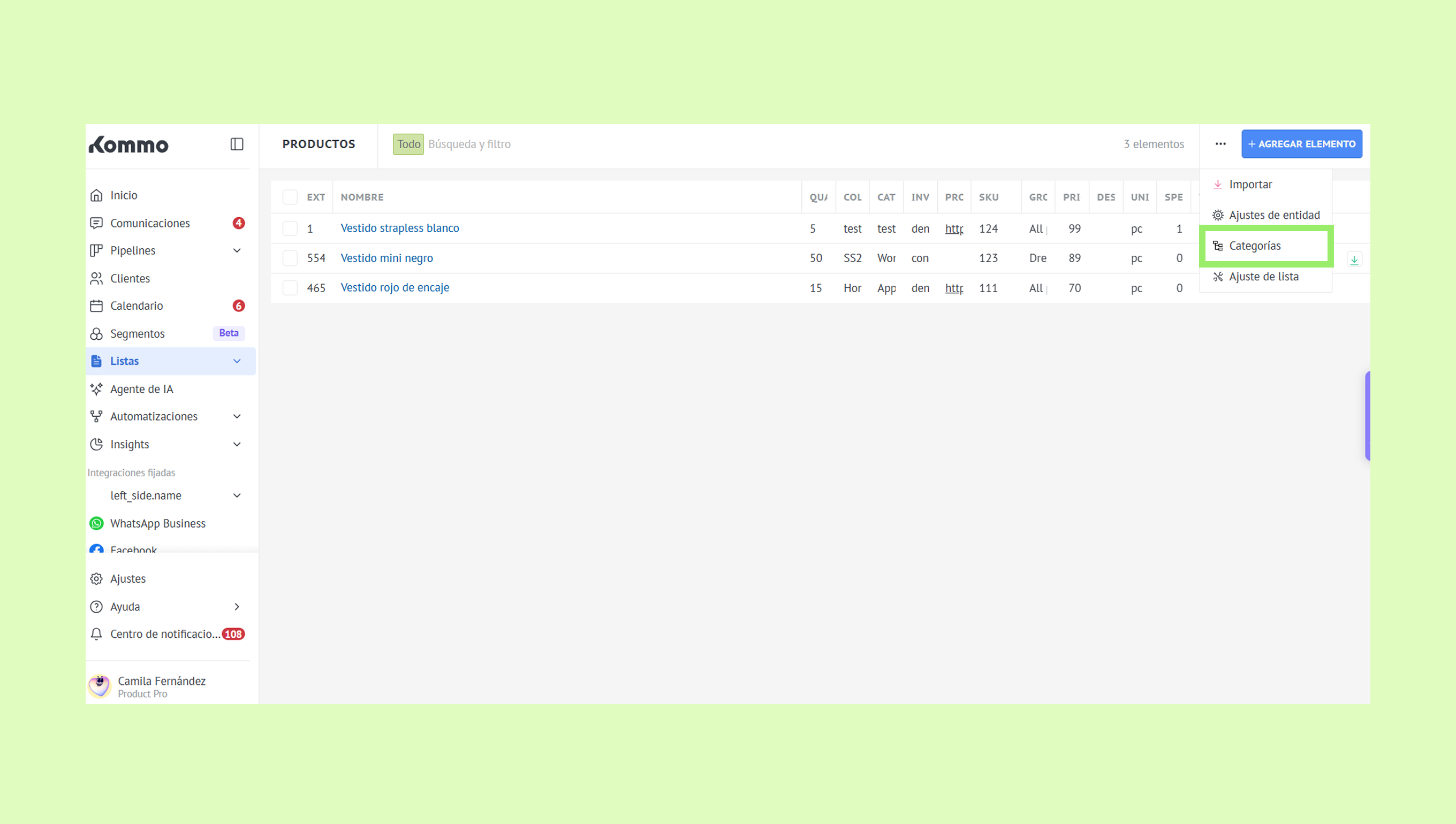 Product list showing various dresses with options to add categories and import items.
