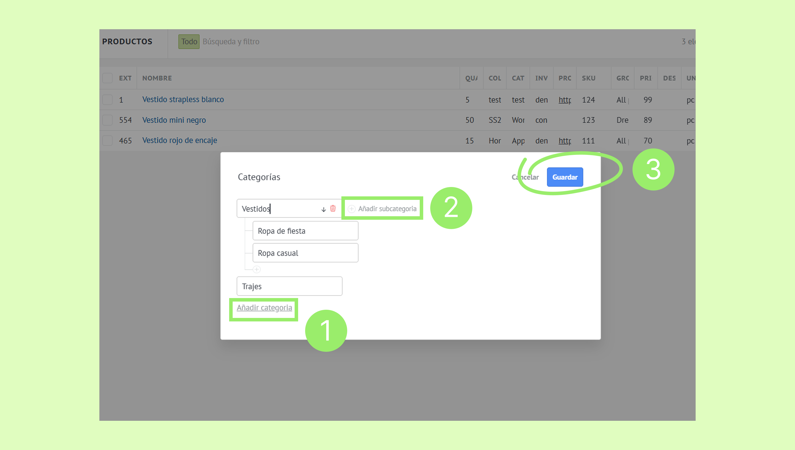 User interface for adding categories and subcategories in a product management system.
