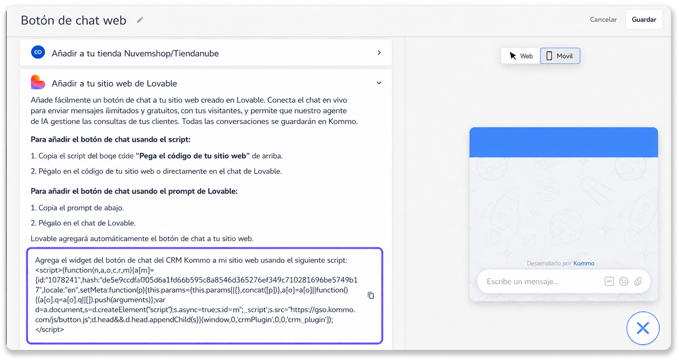 Instructions for adding a chat button to a website using a script.