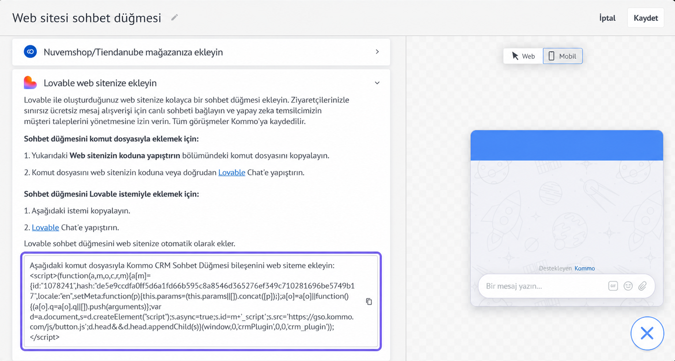 Instructions for adding a chat button to a website using Lovable service.