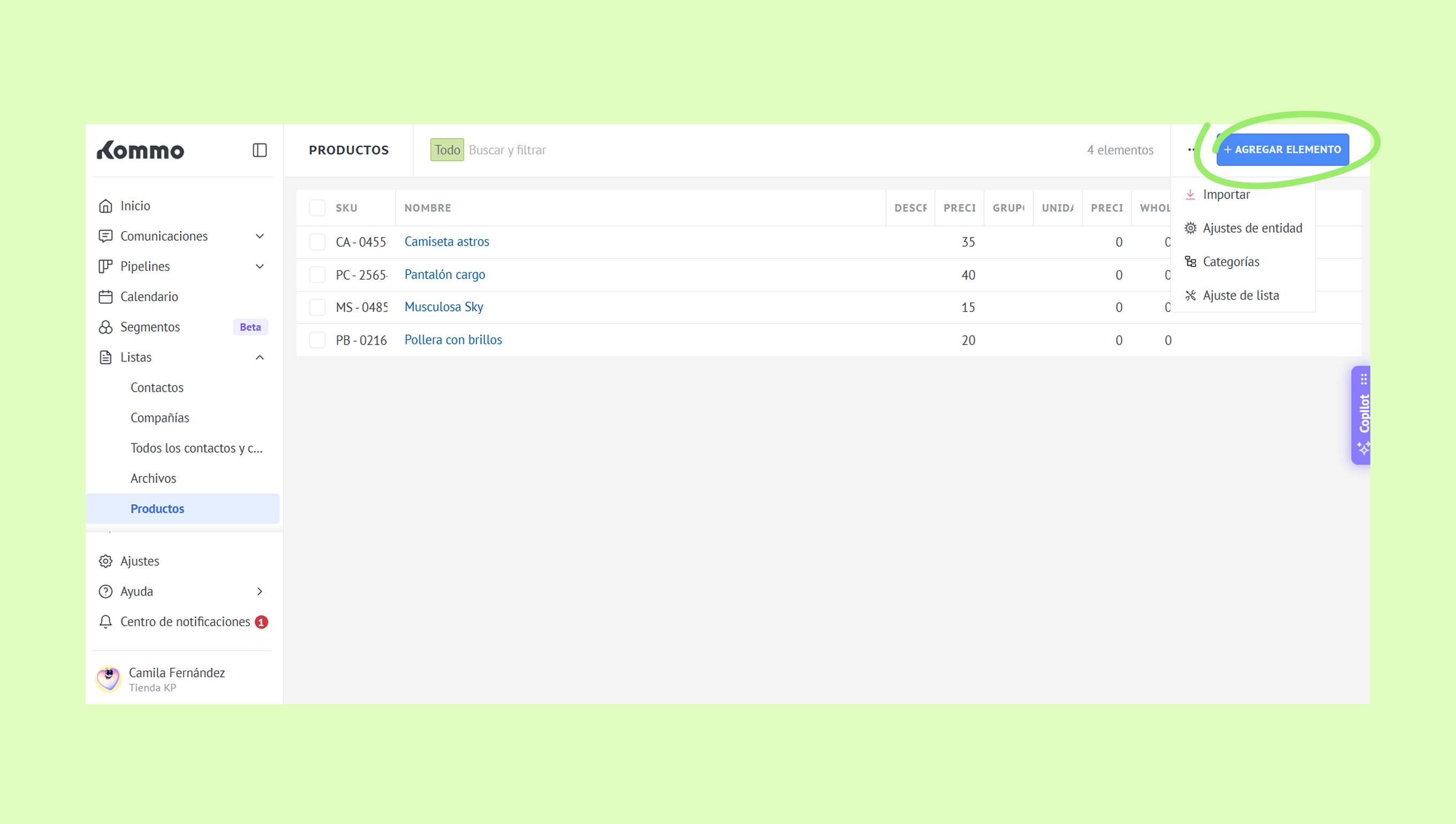 Product list with options to add new items and filter results displayed.