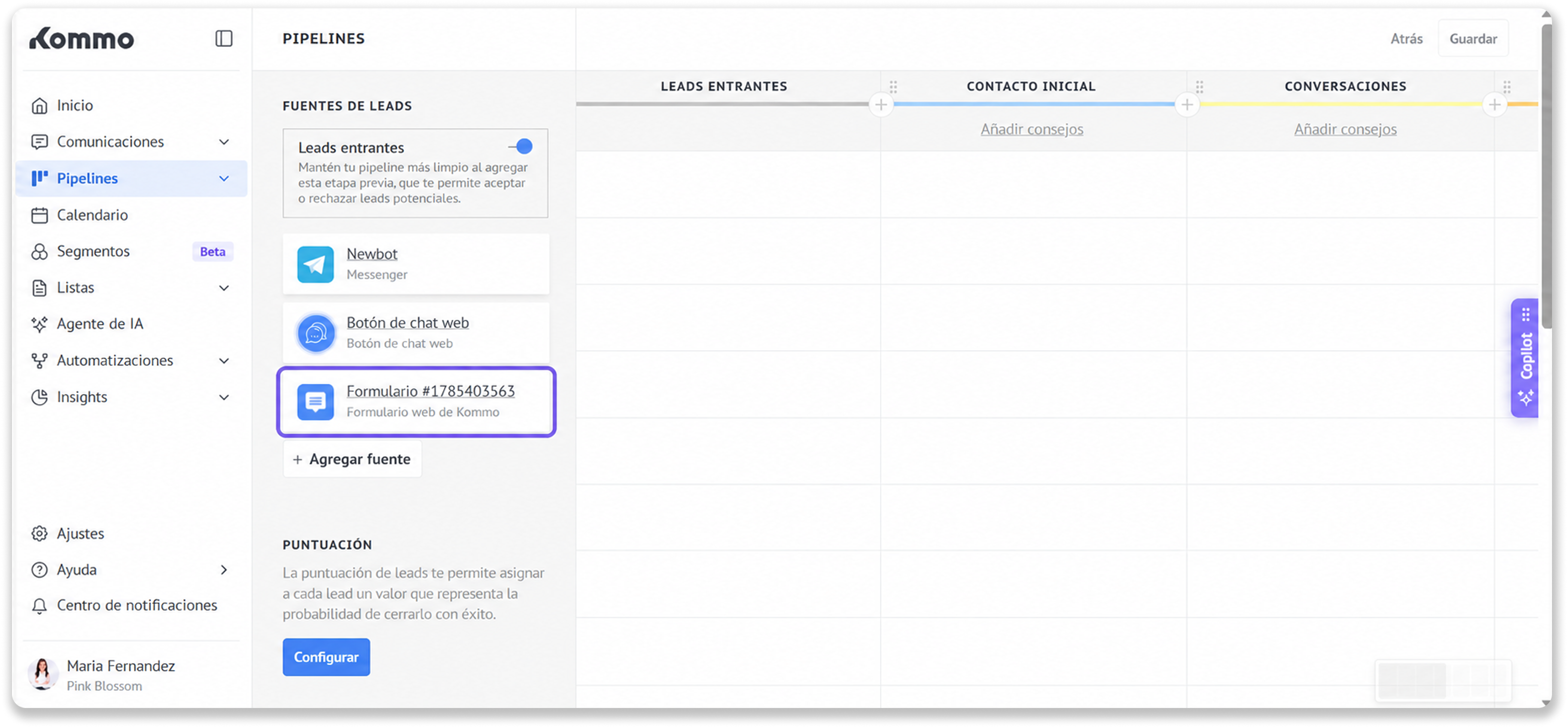 Kommo interface showing lead sources with highlighted web form option for leads.