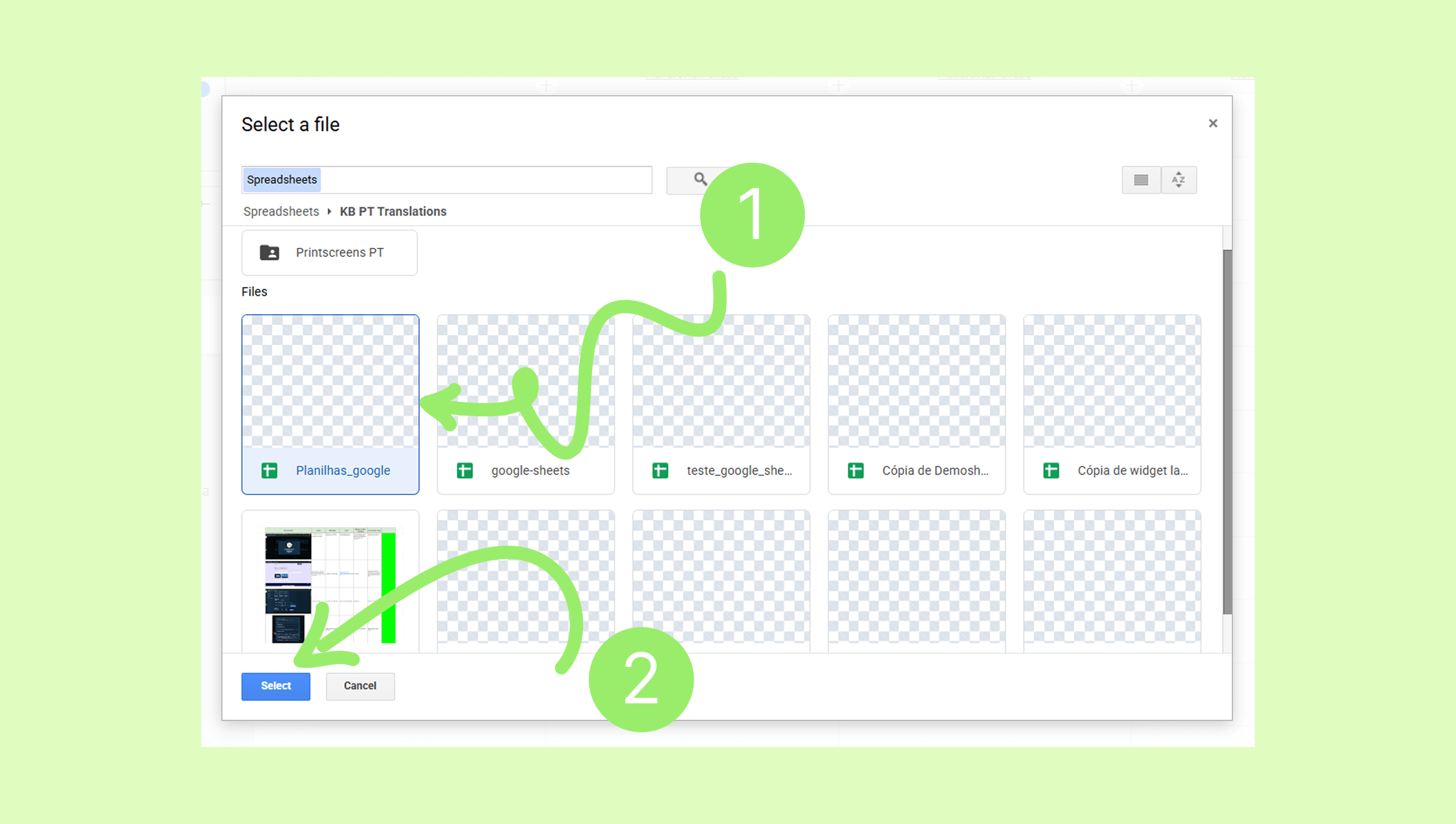 File selection interface showing options to choose Google Sheets files for upload.