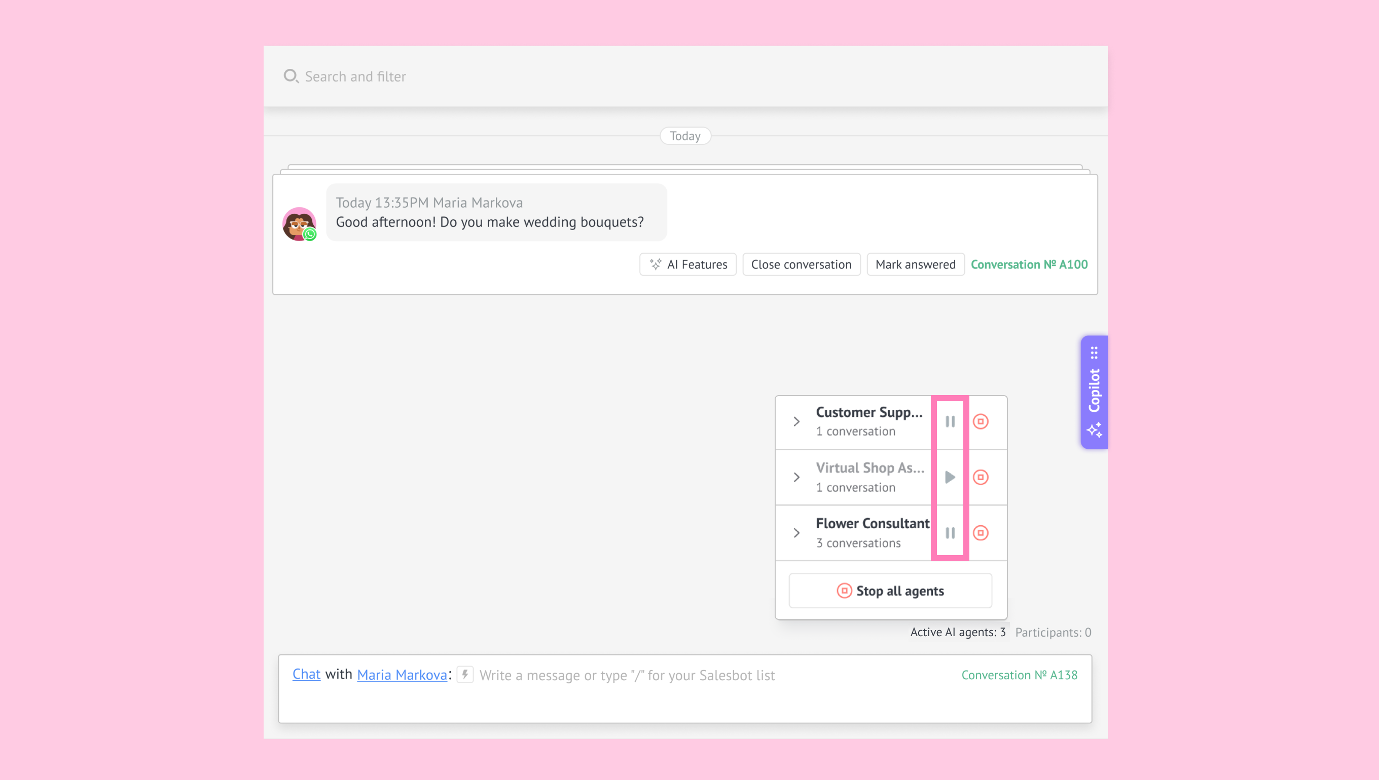 AI agent management panel displaying controls to pause or resume an agent for the entire lead.