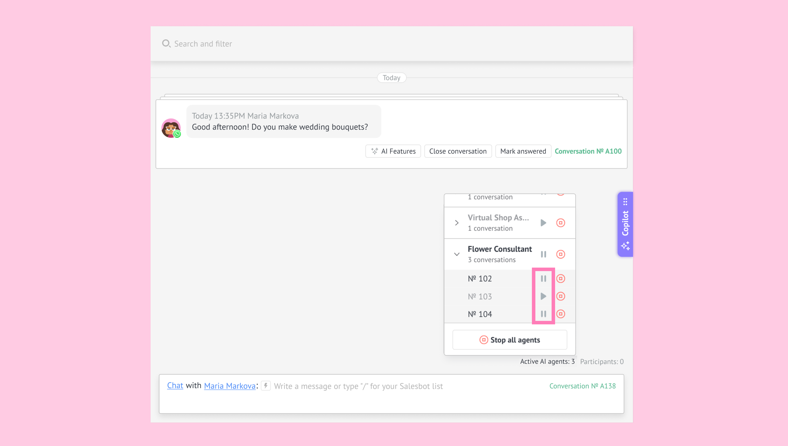 AI agent management panel displaying controls to pause or resume an agent in a specific conversation.
