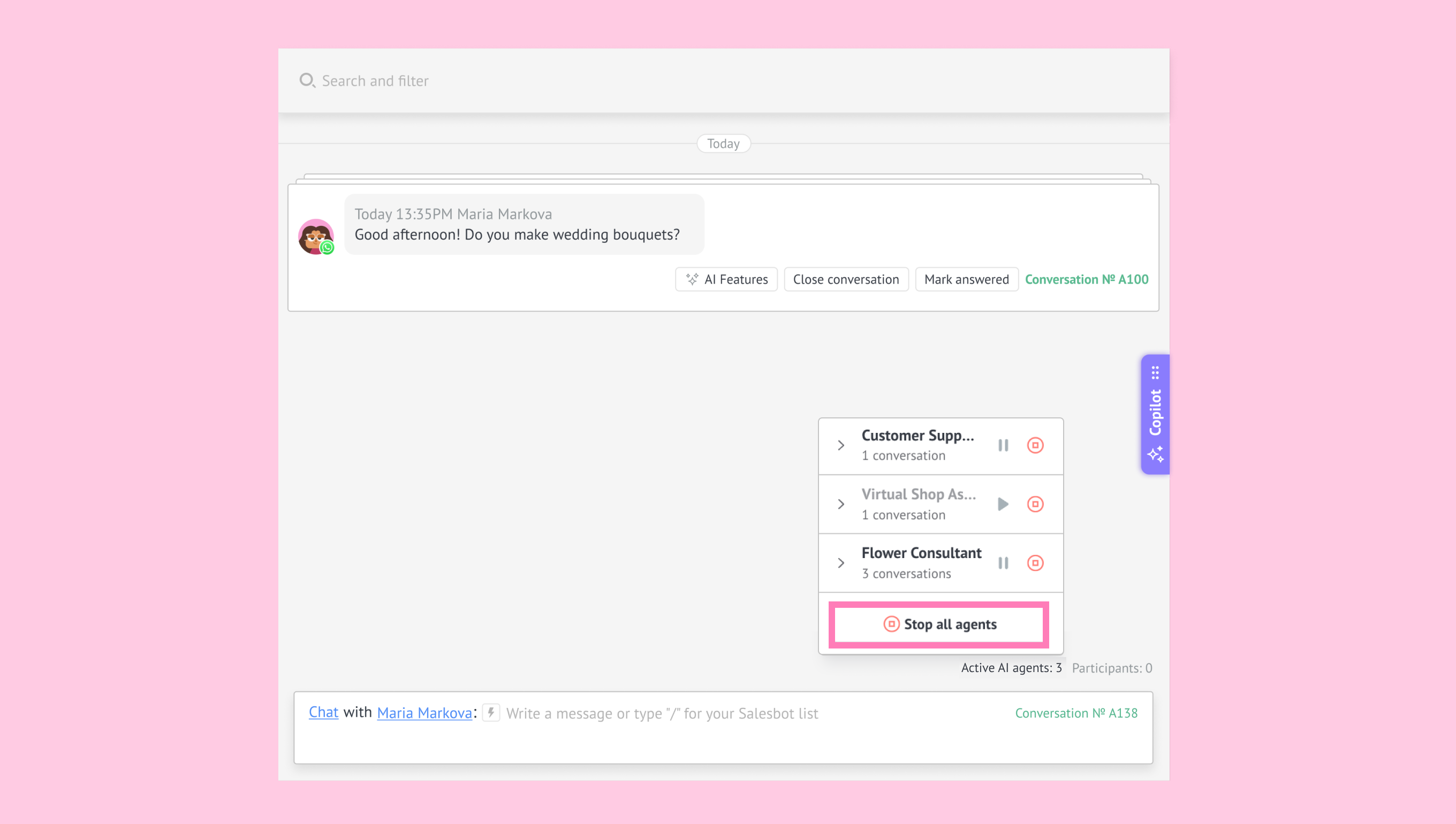 AI agent management panel displaying the Stop all option.