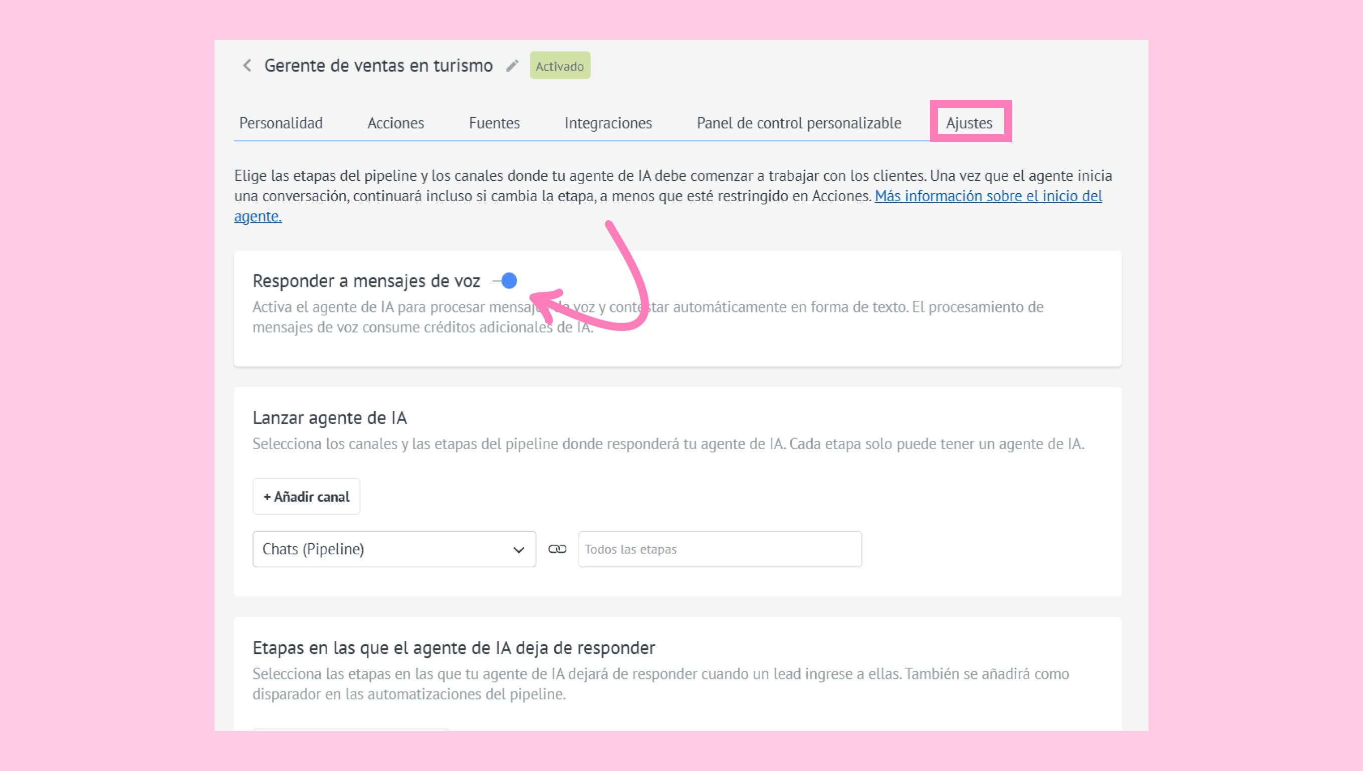 Settings page for AI agent responding to voice messages in a sales pipeline.