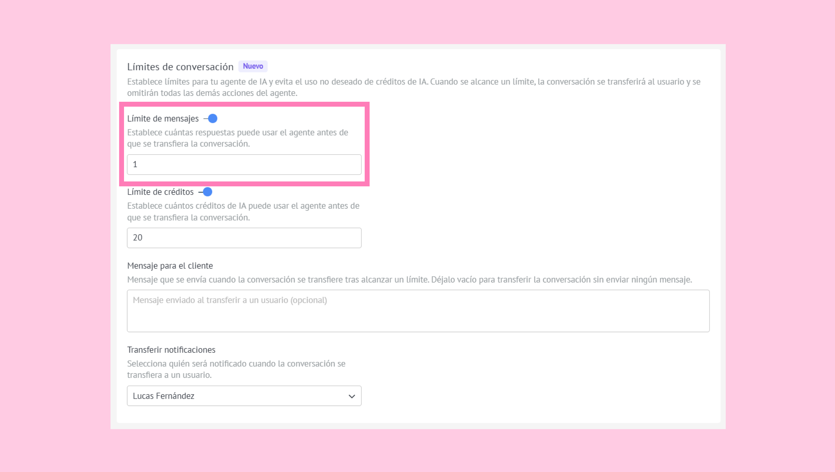 Settings for conversation limits, including message and credit limits for AI agents.