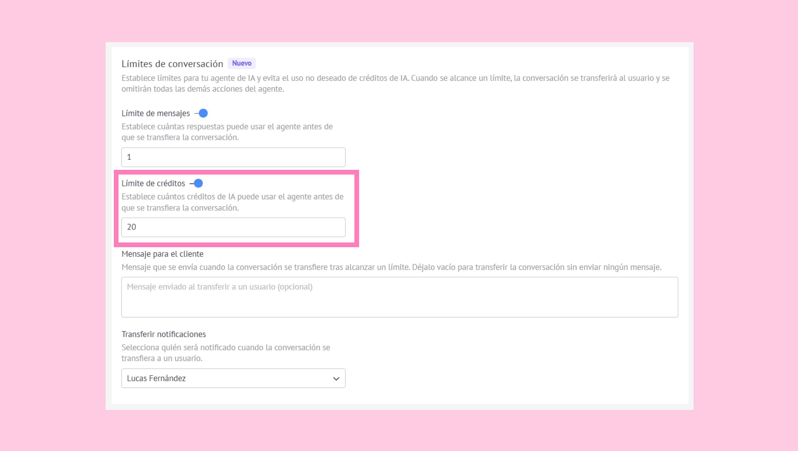 Conversation limits settings for AI agent, including message and credit limits.