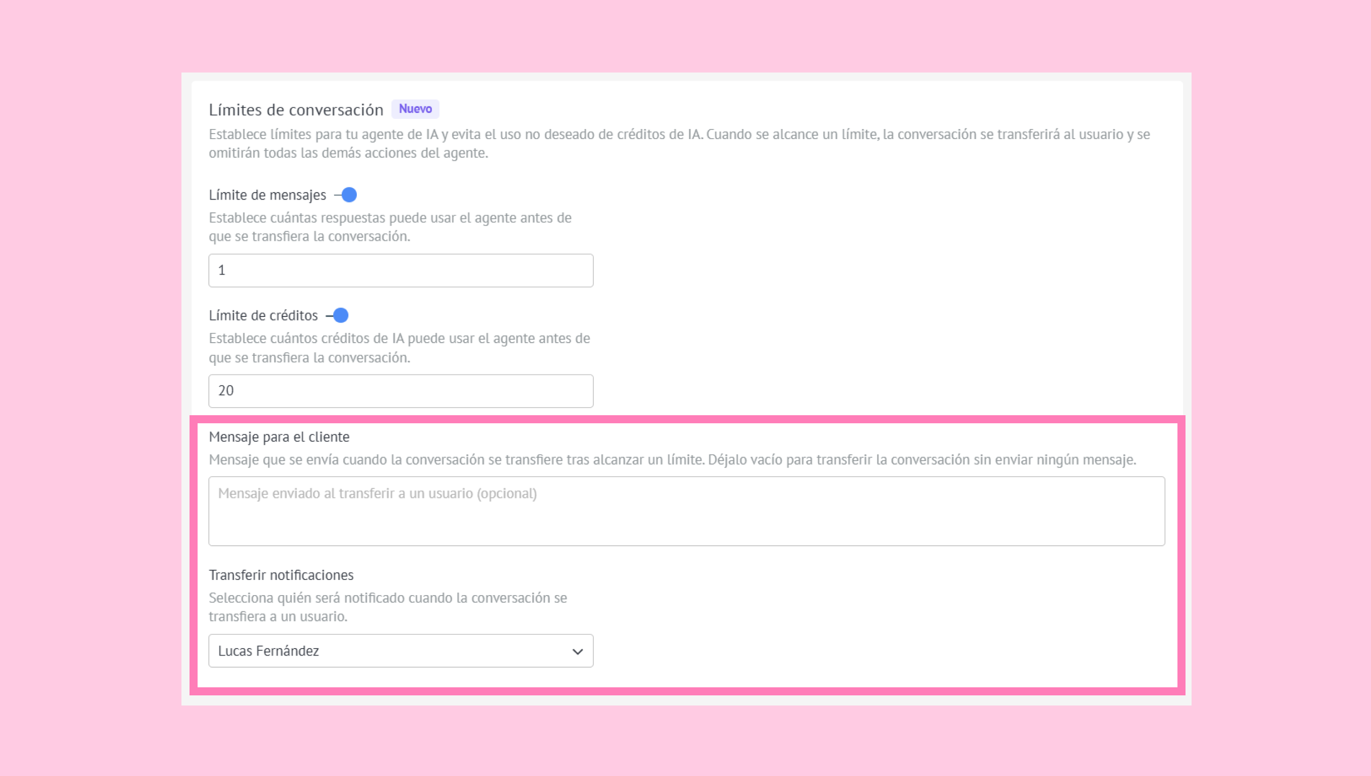 Settings for conversation limits, including message and credit limits, and transfer options.