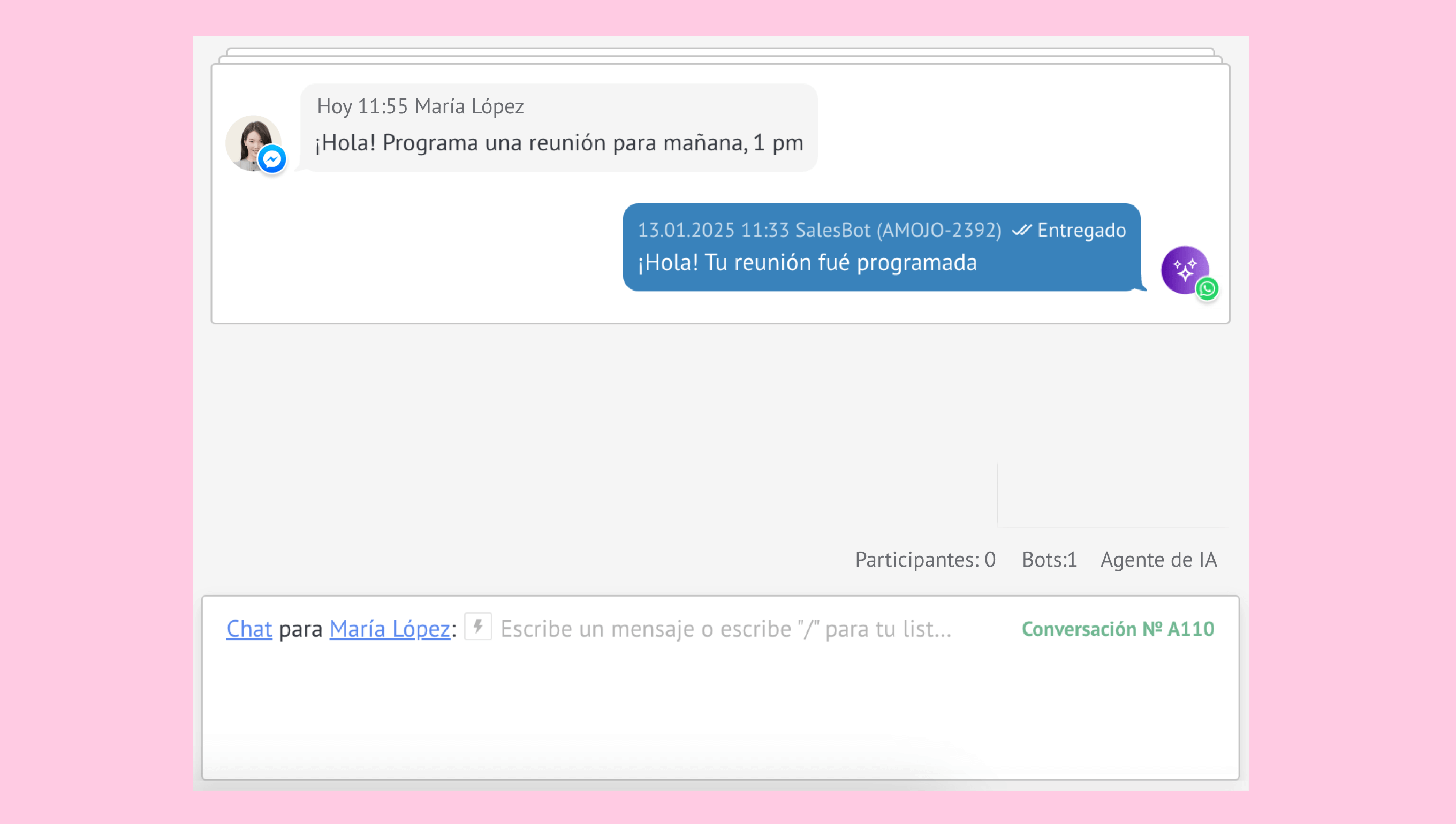 Chat conversation showing meeting scheduling and confirmation messages between users.