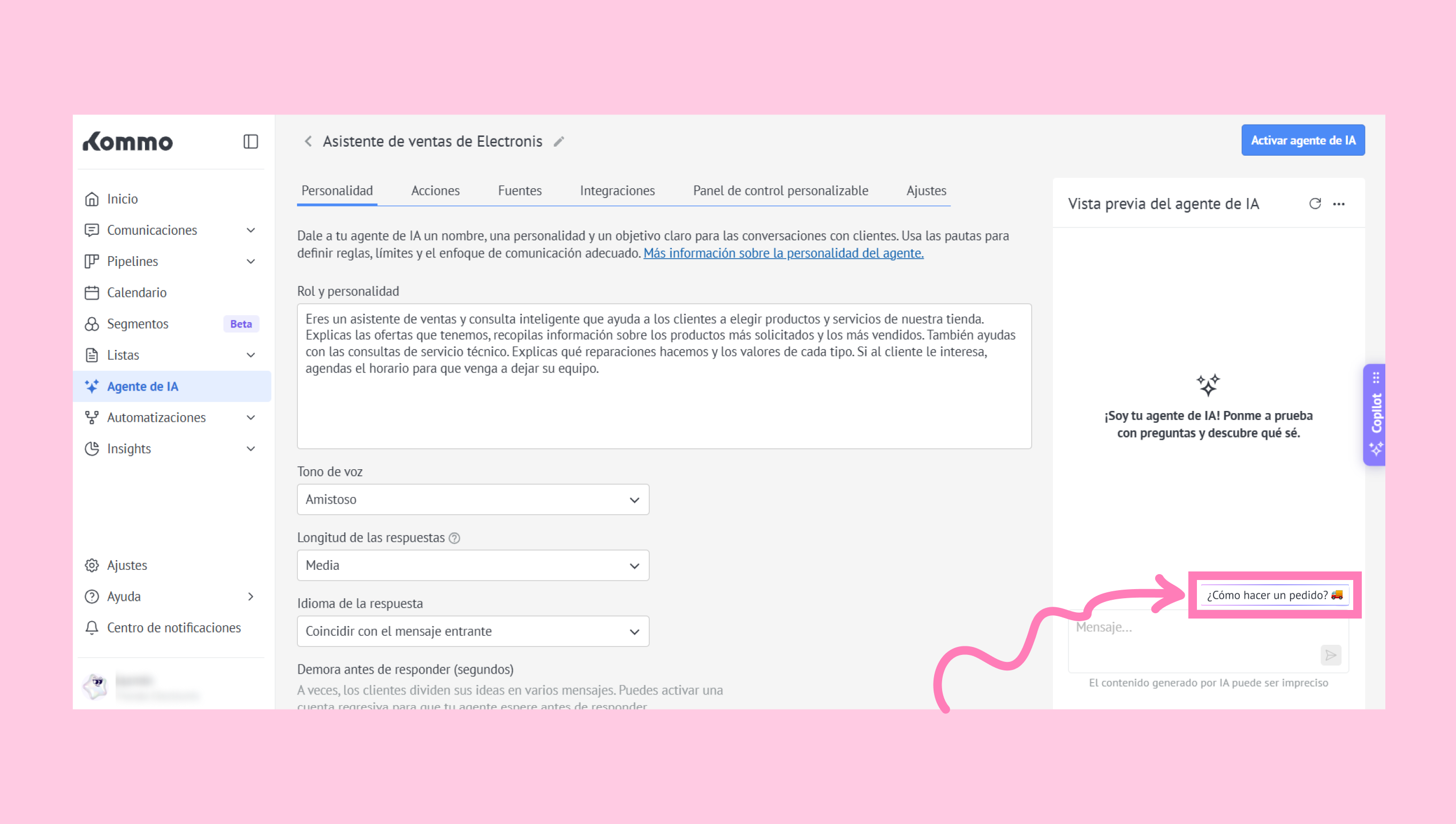 Interface for an AI sales assistant with highlighted question about placing an order.