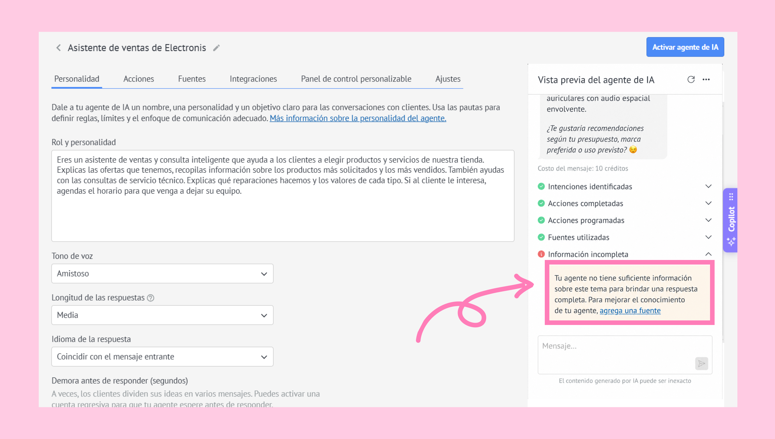 Preview of an AI sales assistant with highlighted information about incomplete data.