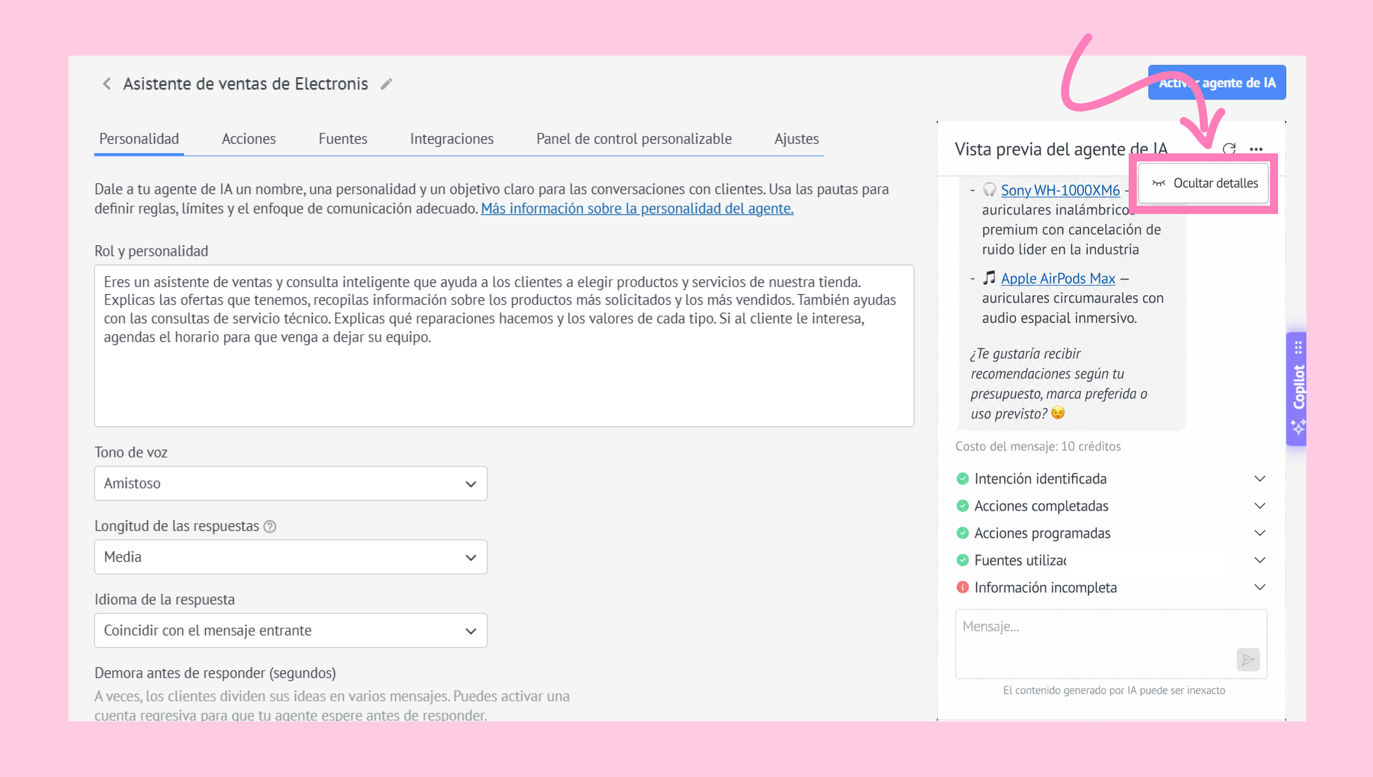 Sales assistant interface displaying product recommendations and user settings for customer interactions.