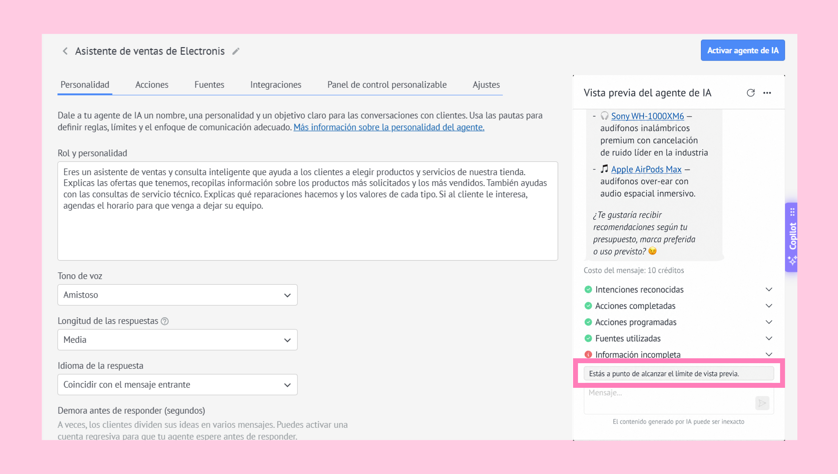 AI sales assistant settings with personality, actions, and response tone options displayed.