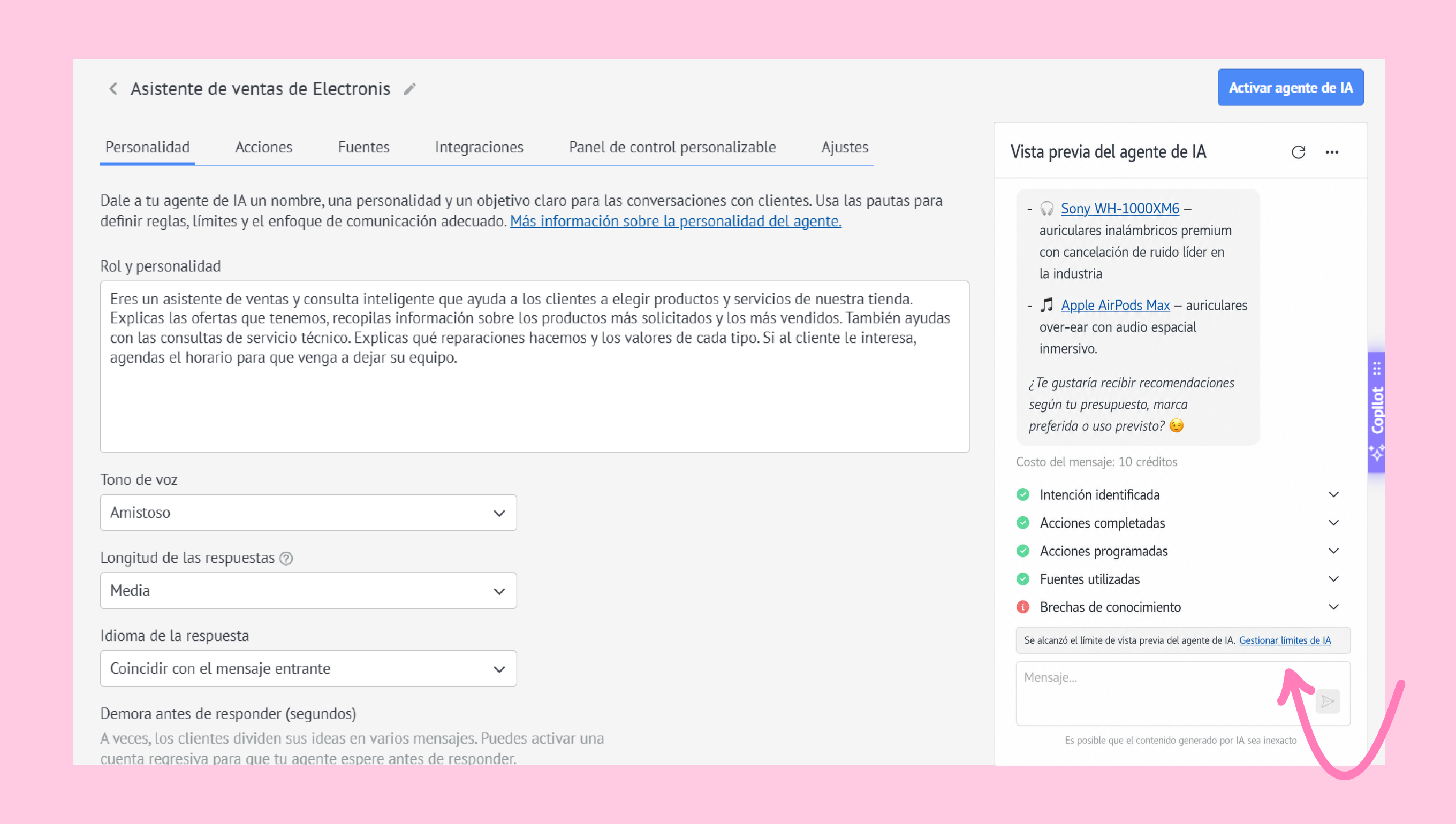 Sales assistant interface displaying product recommendations and user interaction options.