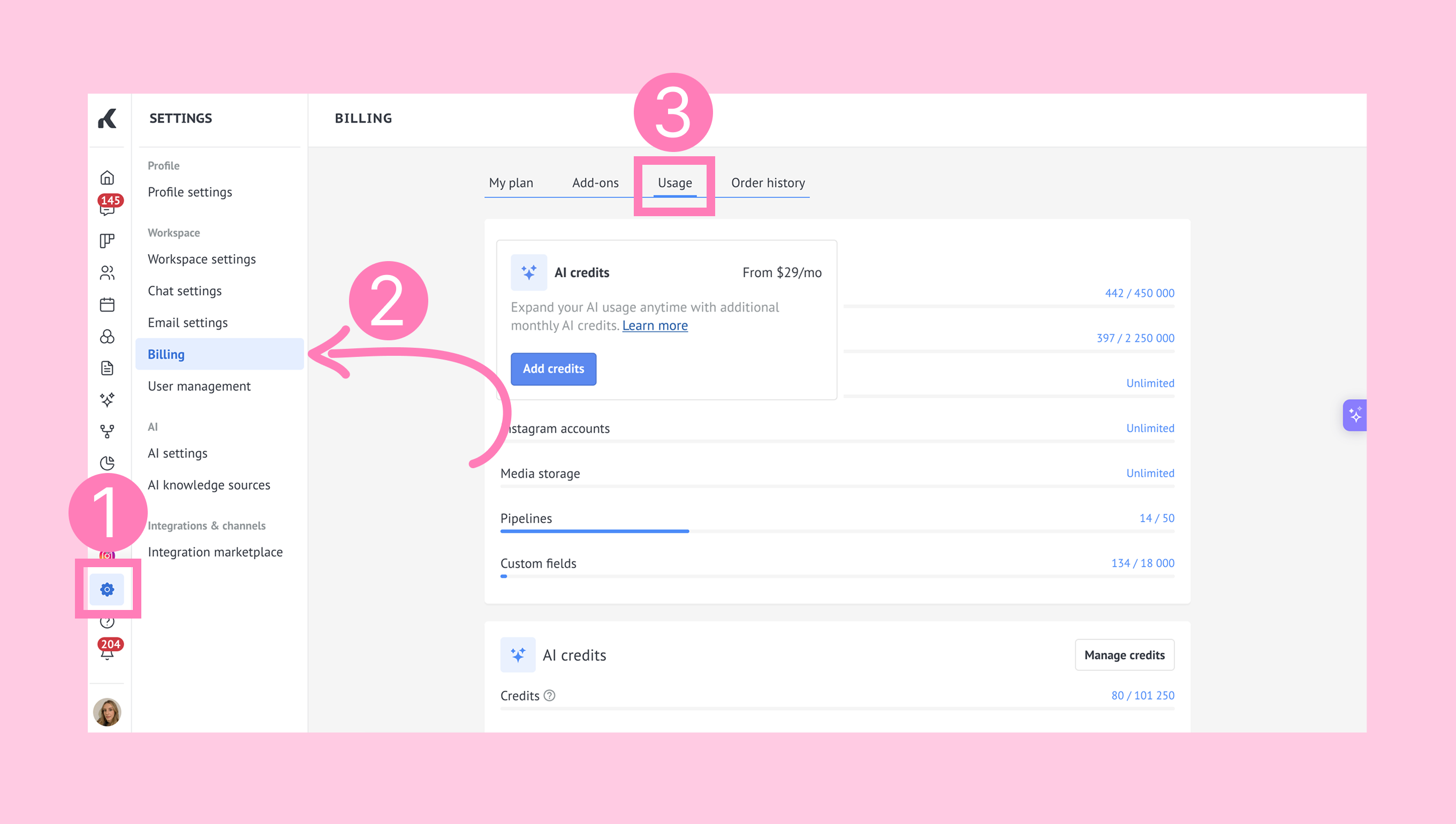 Kommo billing usage tab showing AI credit details.