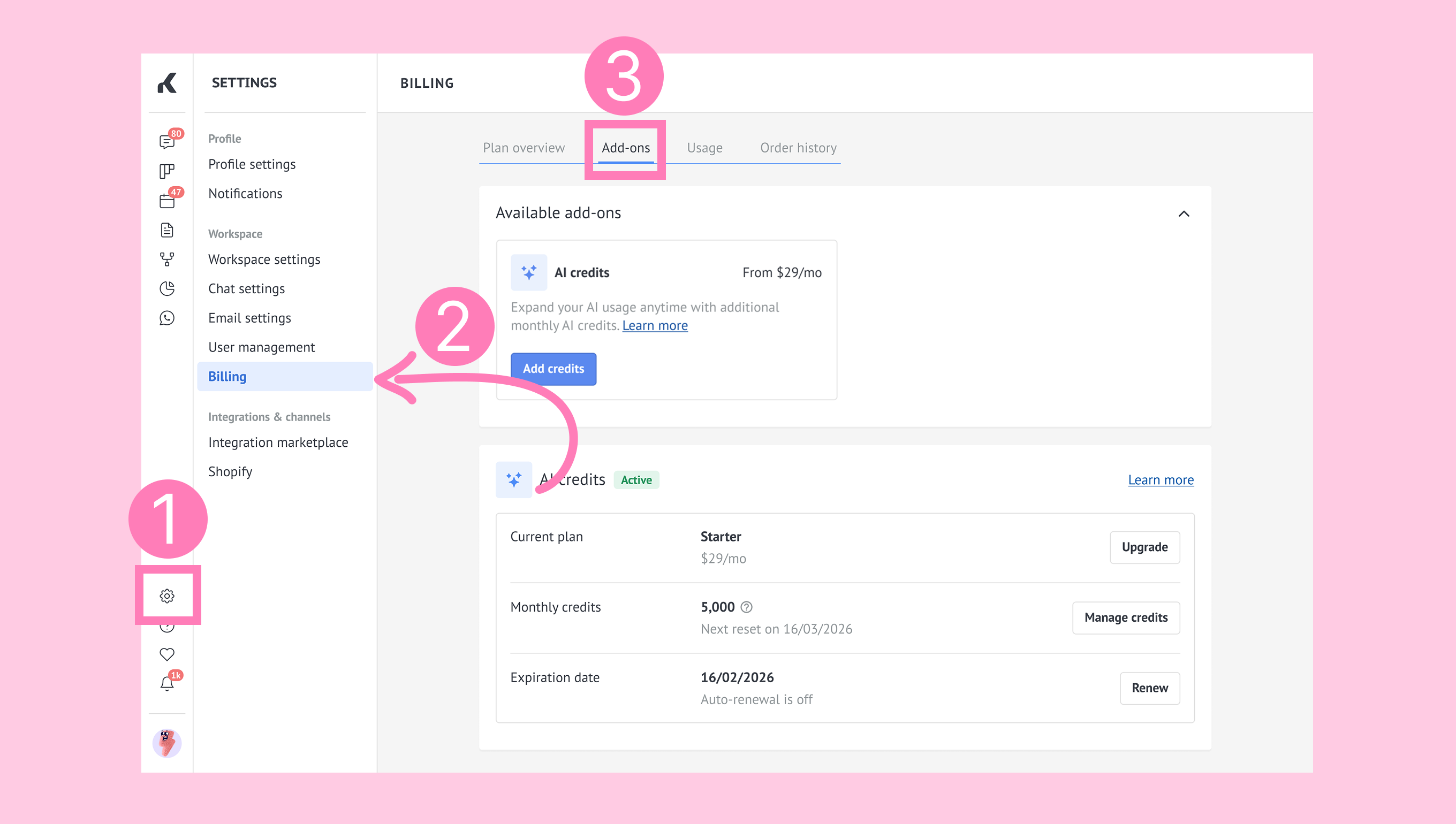 Settings page showing billing options and add-ons for managing AI credits.