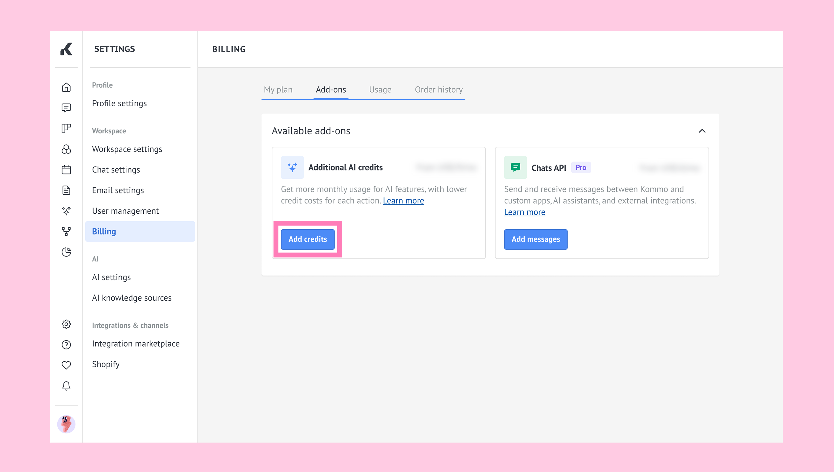 Add credits option for purchasing more AI credits from the Billing page.