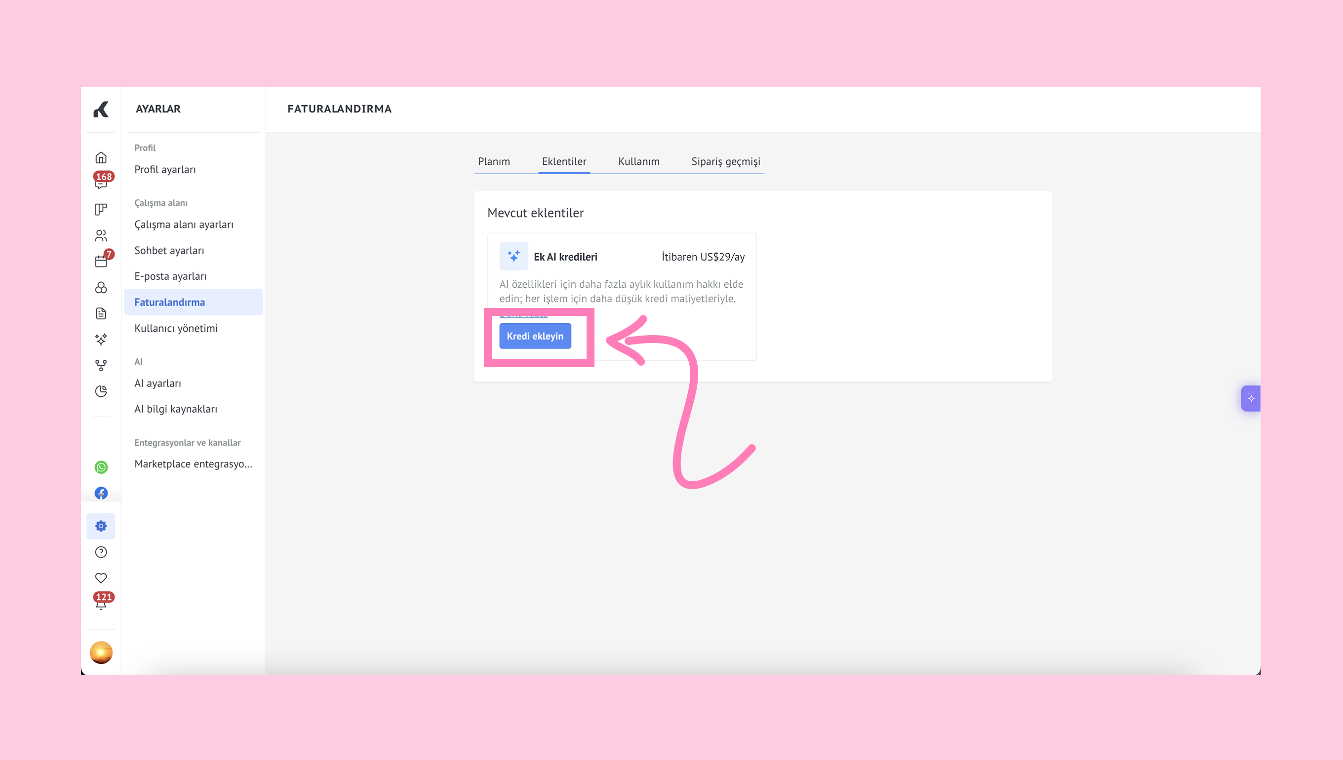 User interface showing options to add credits for AI features in billing settings.