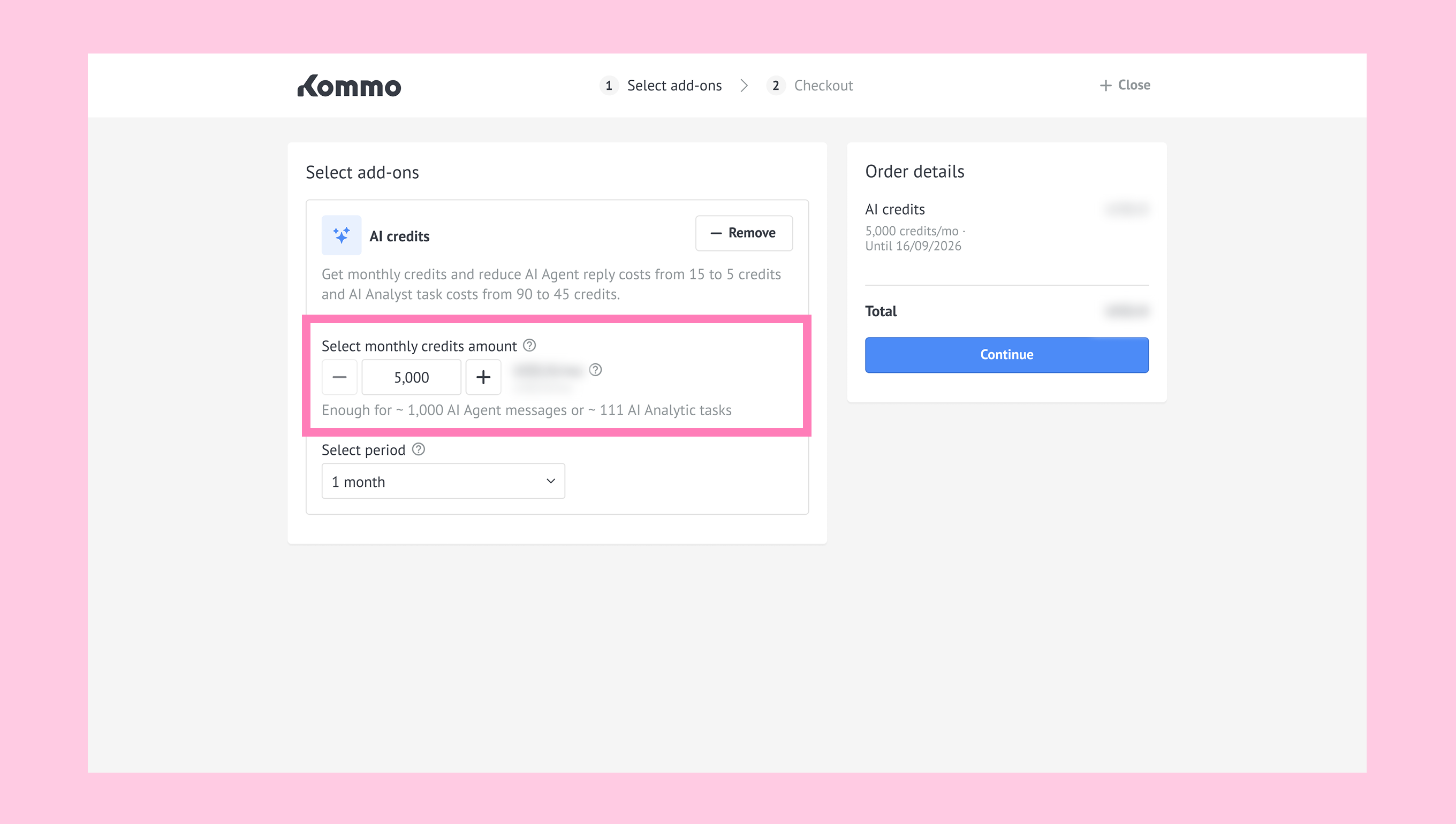 Checkout page showing AI credits amount selector for choosing how many credits to purchase.