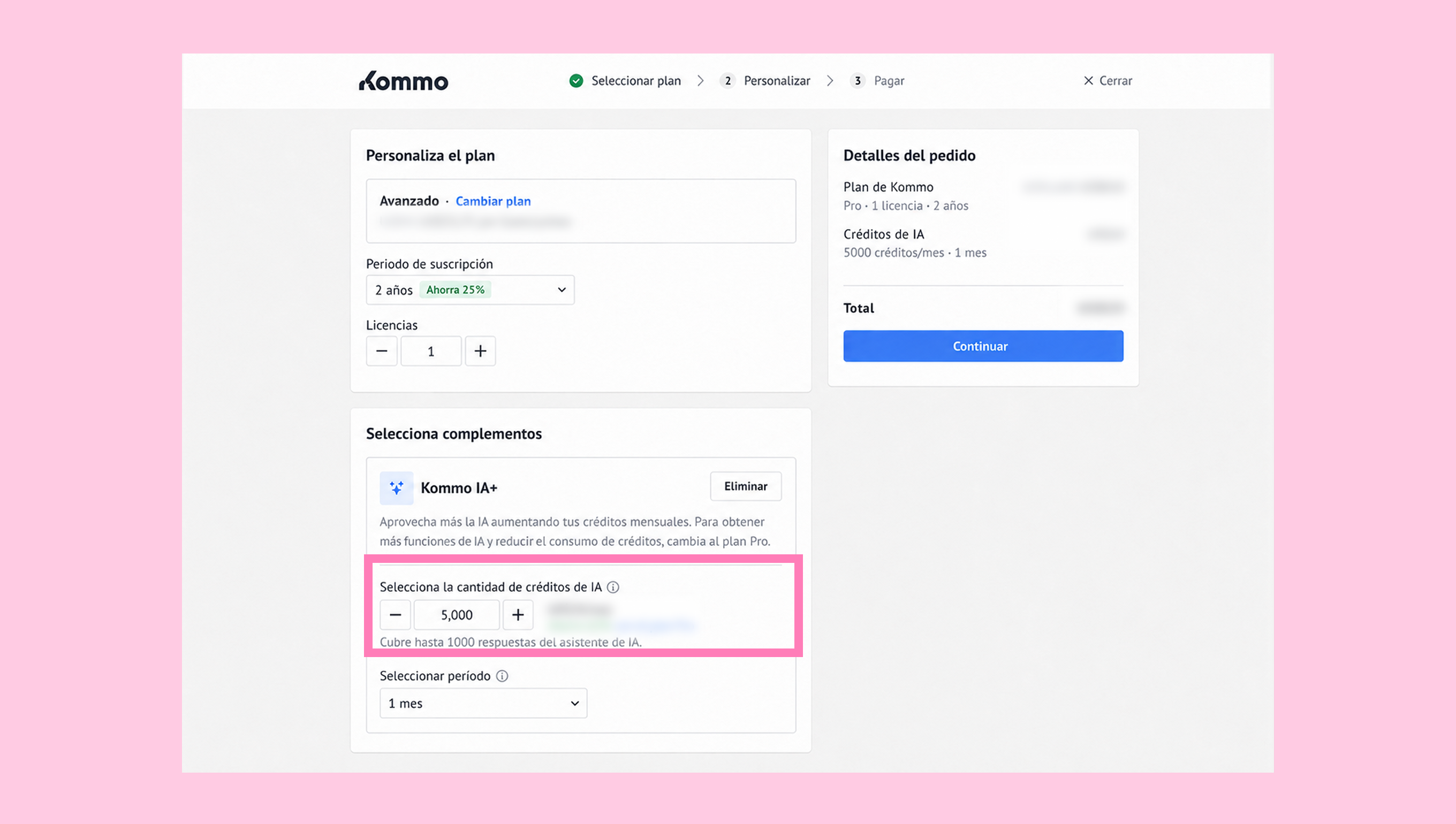Subscription plan customization with options for credits and duration selection.