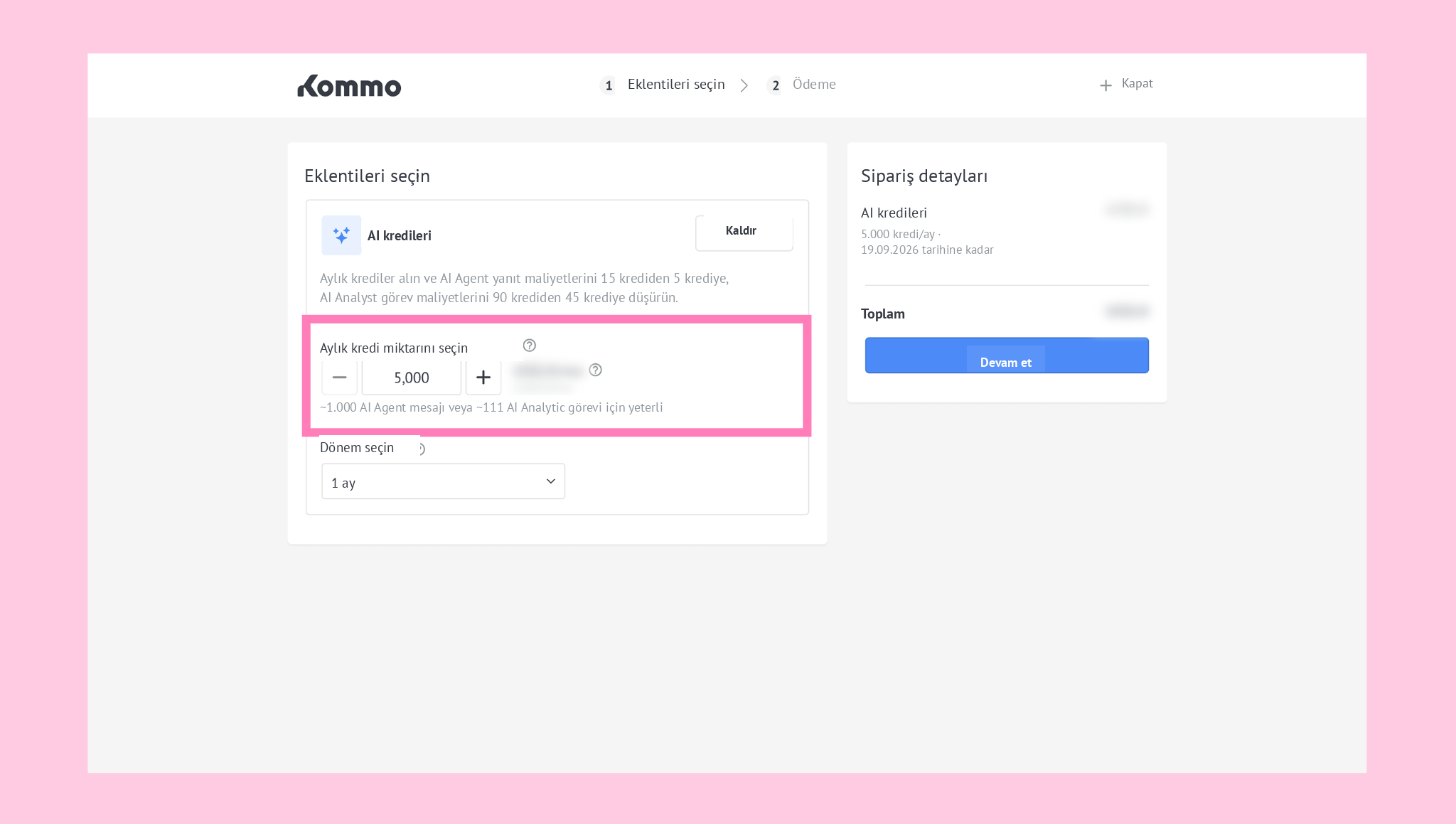 Selection of monthly AI credits with options for adjustment and payment details displayed.