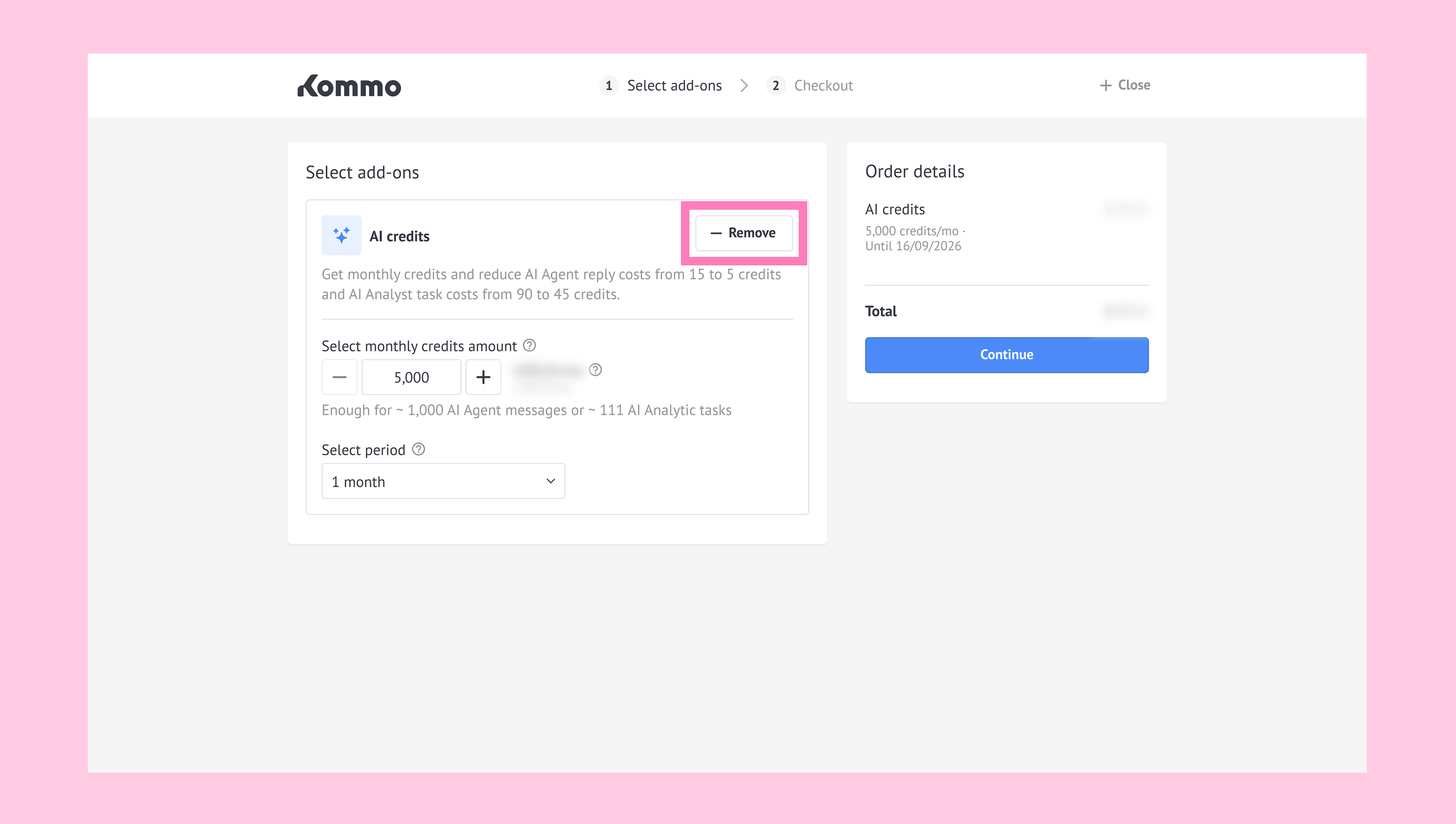 Checkout page showing the selected AI credits add-on, with the option to remove it from the order.