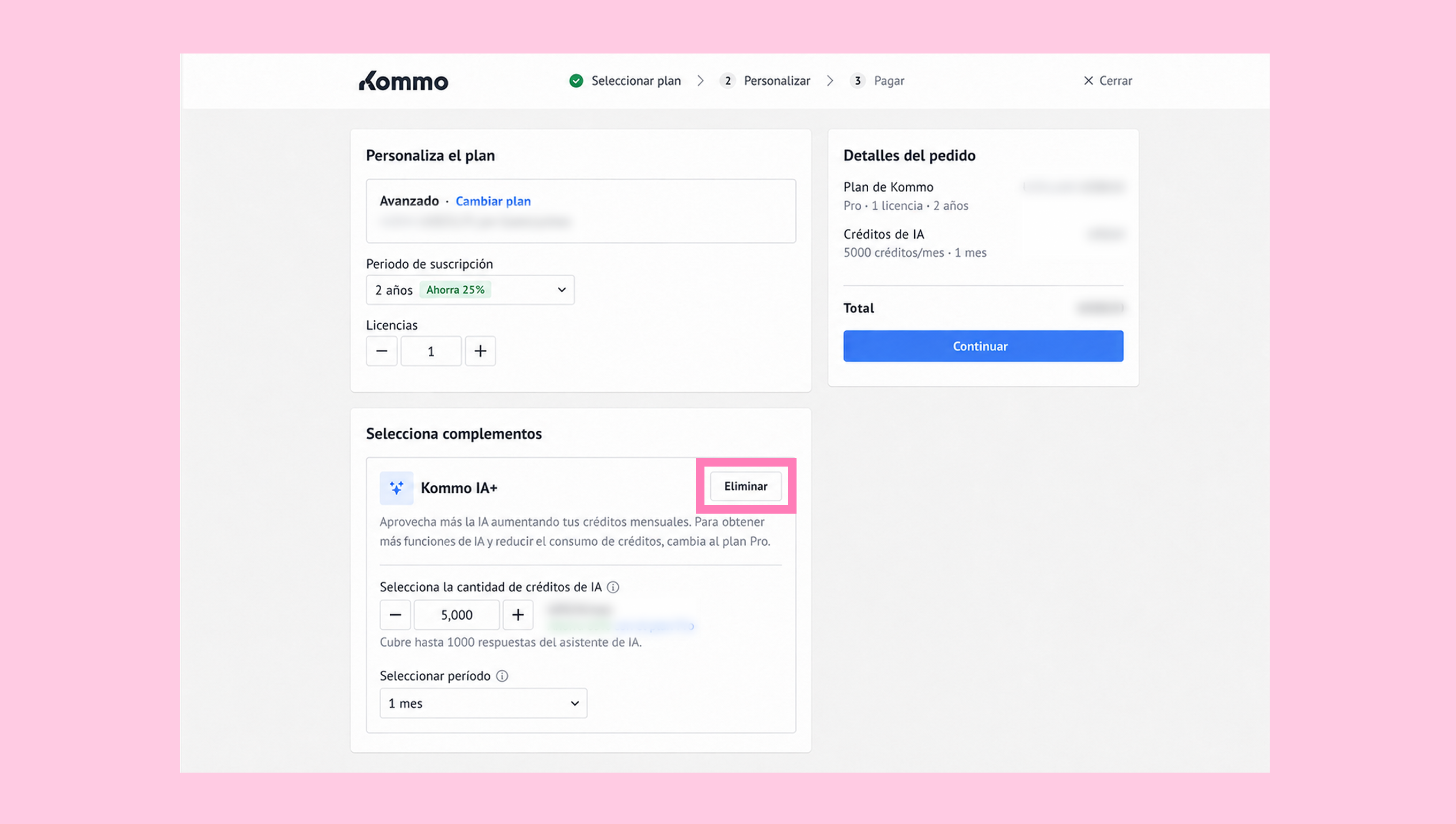 Subscription plan customization screen with options to delete and adjust credits.