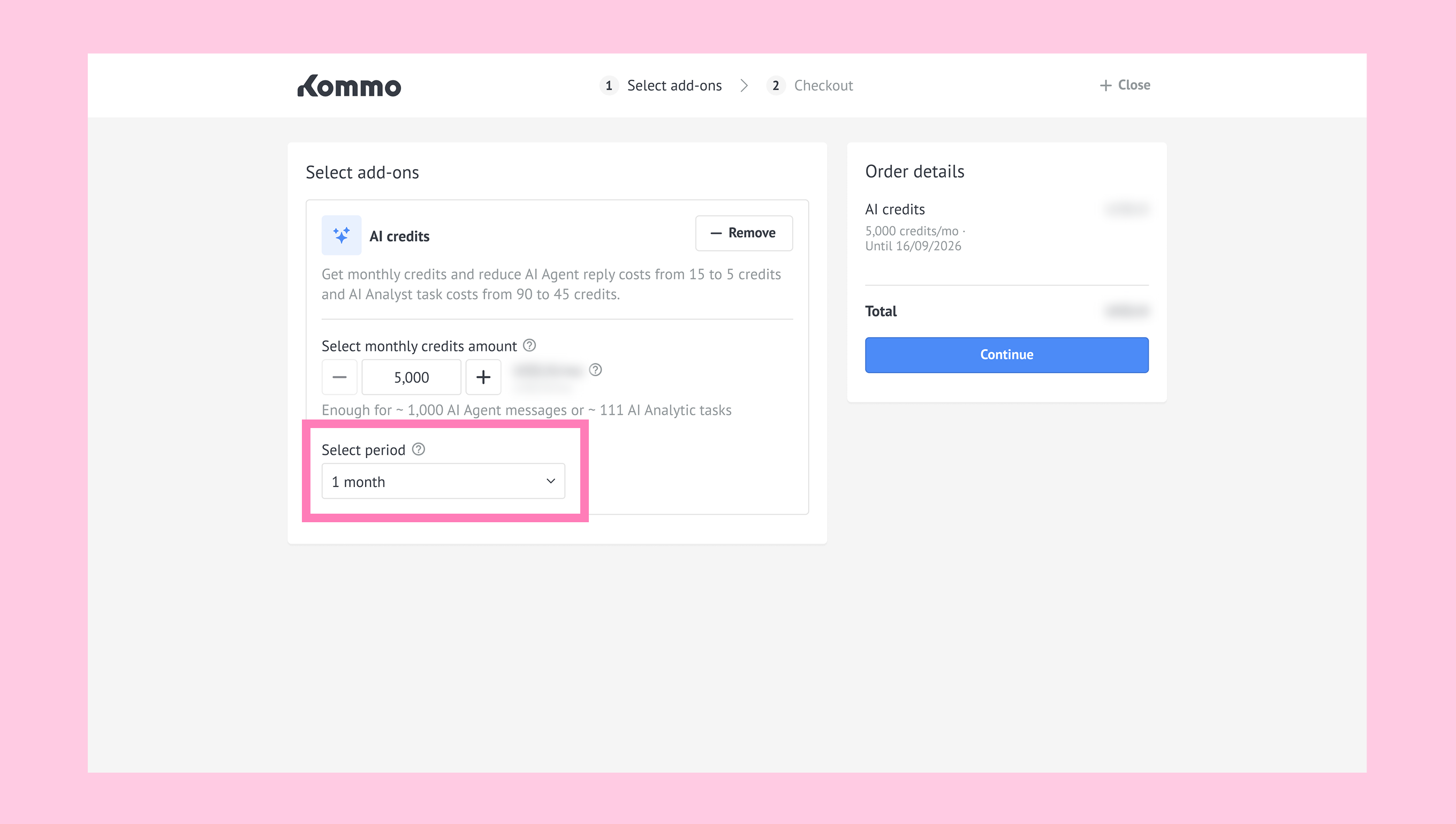 Checkout page showing the period selector for choosing how long the purchased AI credits will be available.