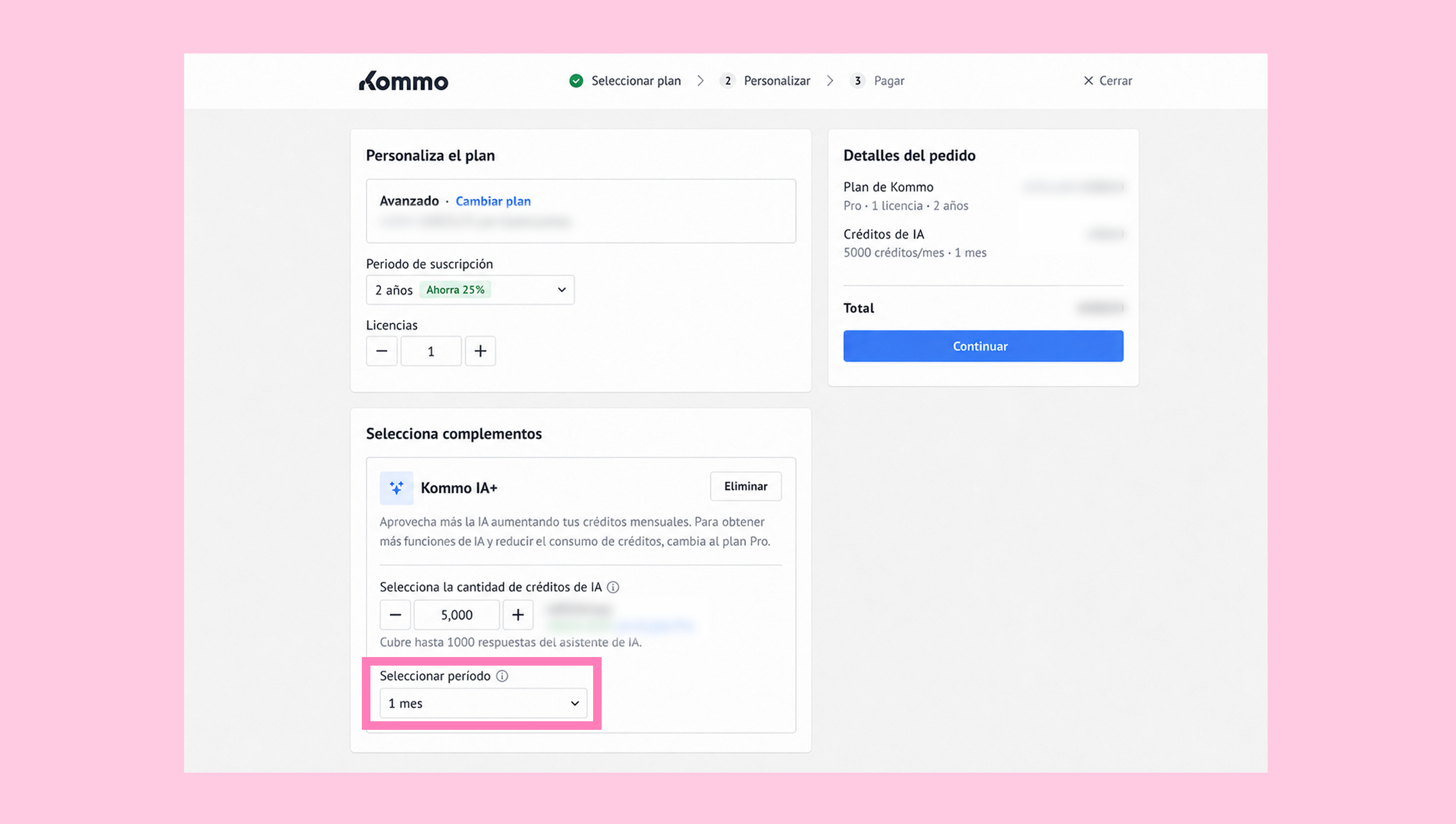 Subscription plan customization options with highlighted period selection for credits.
