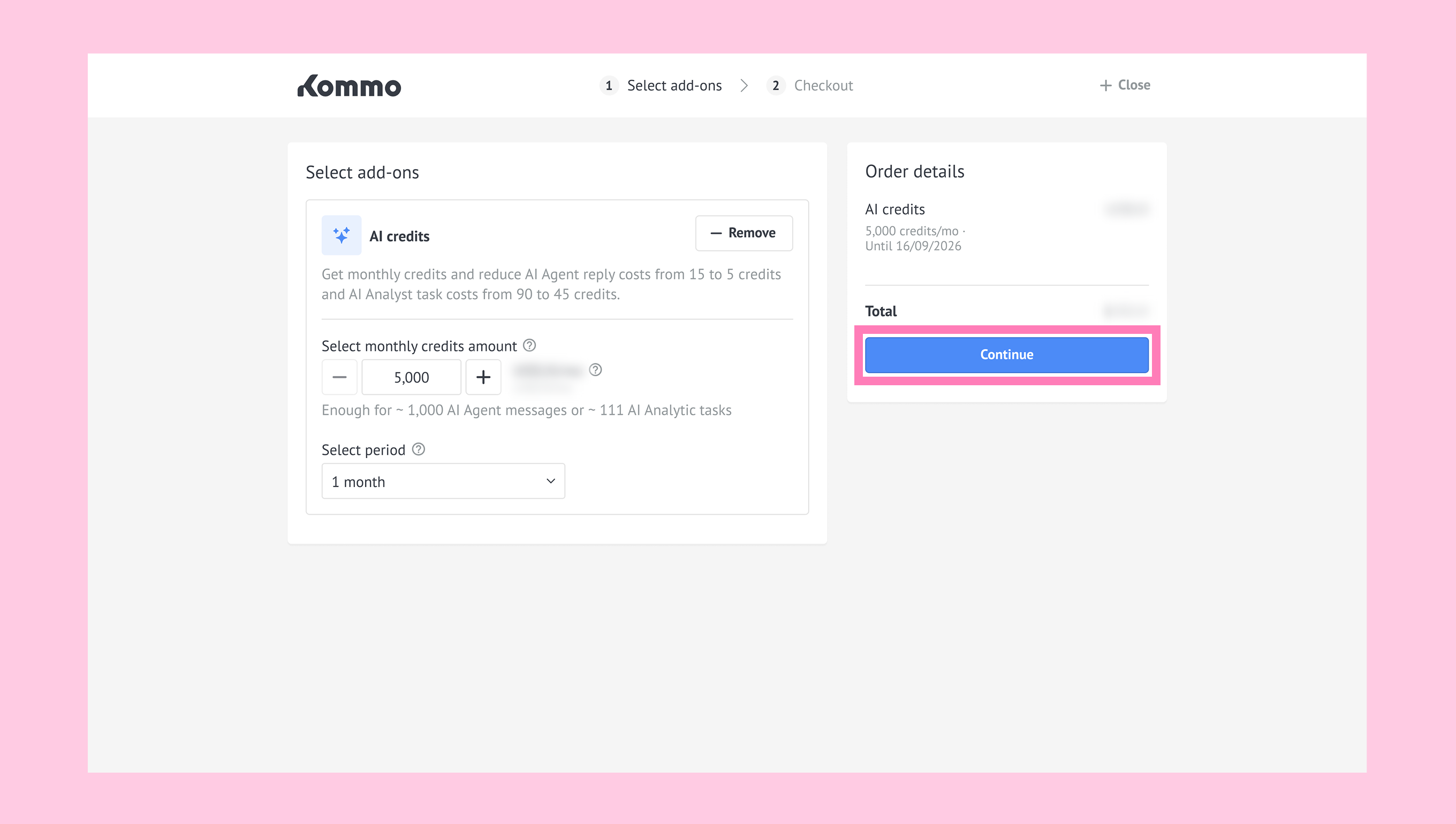 Order details with the selected AI credits, purchase period, total, and Continue button.