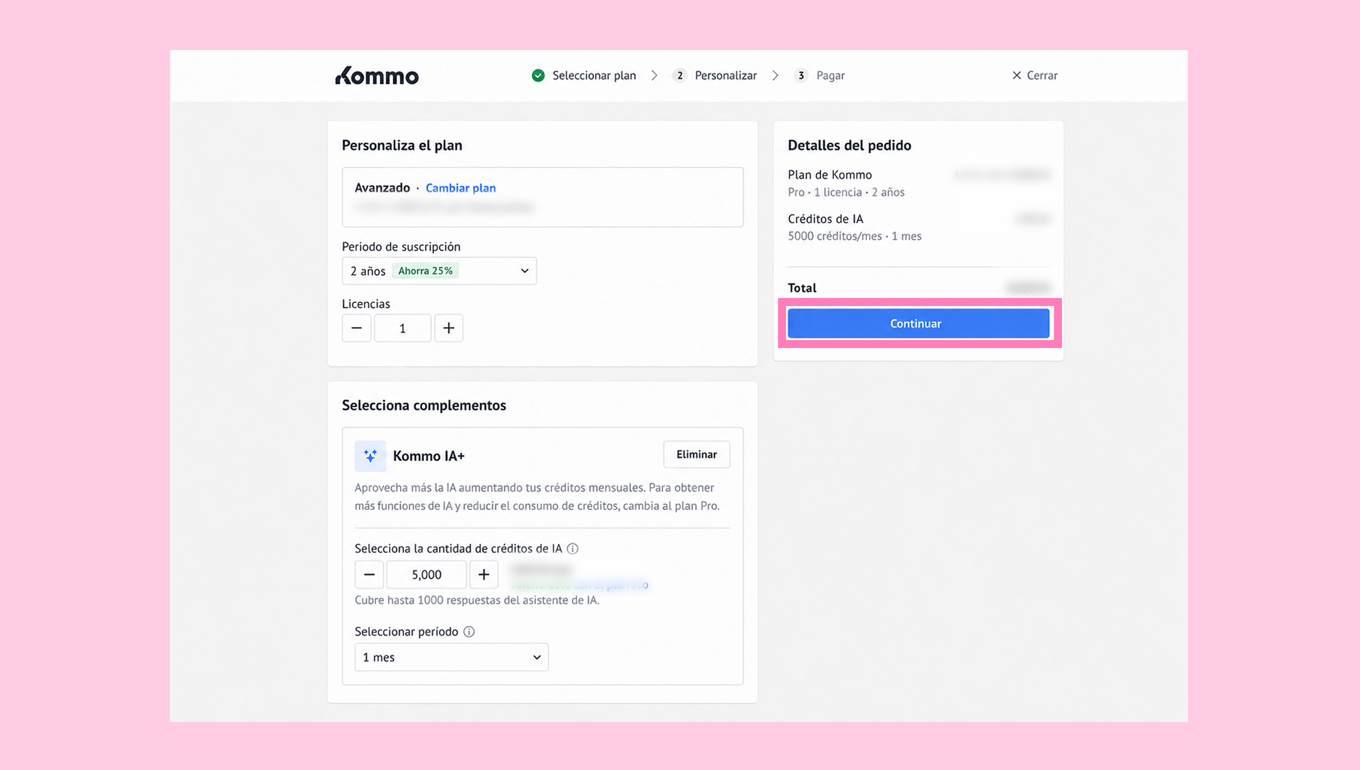 Subscription plan customization with options for duration, licenses, and additional credits.