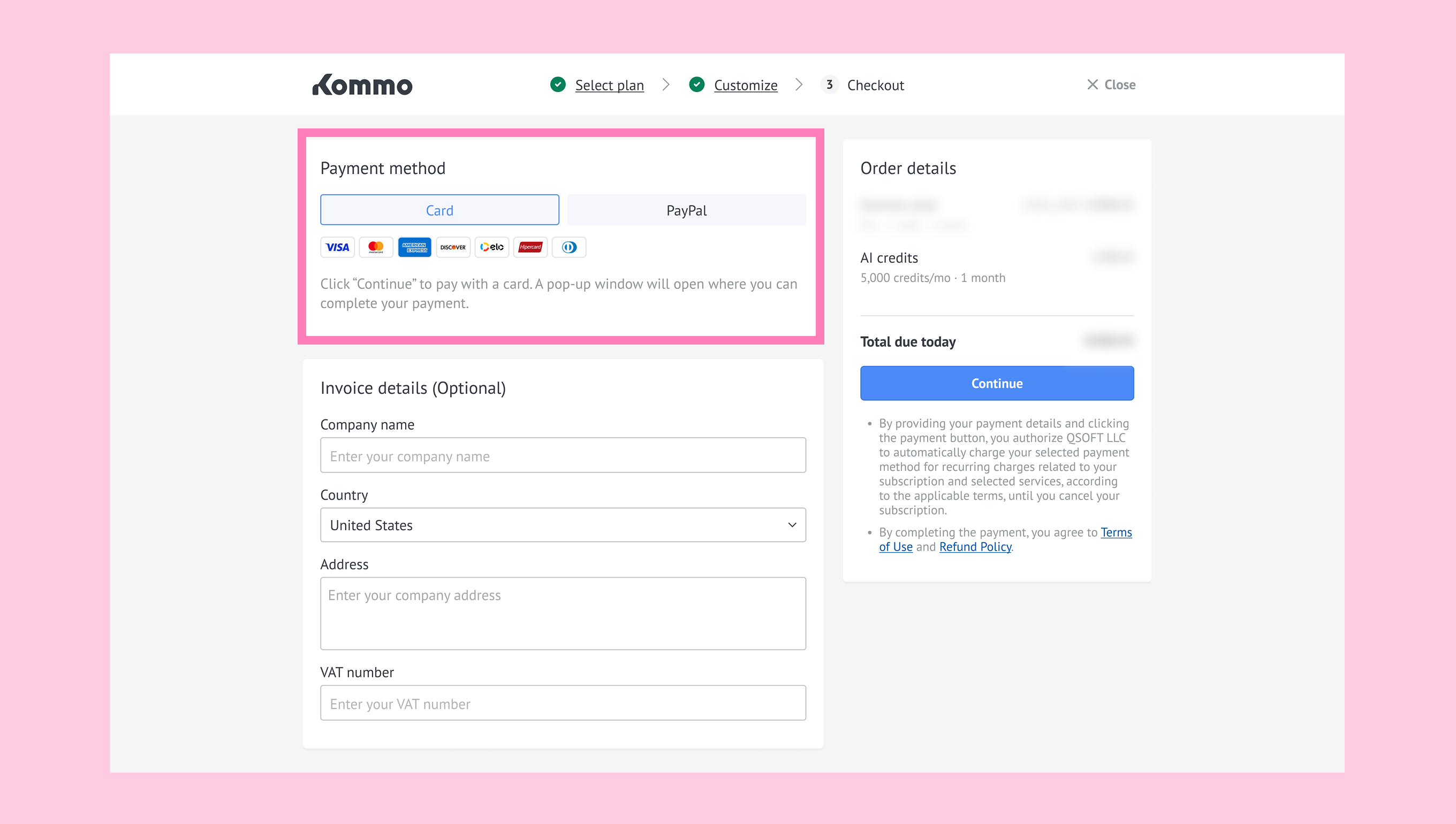 Payment method options for purchased AI credits, including card and PayPal.