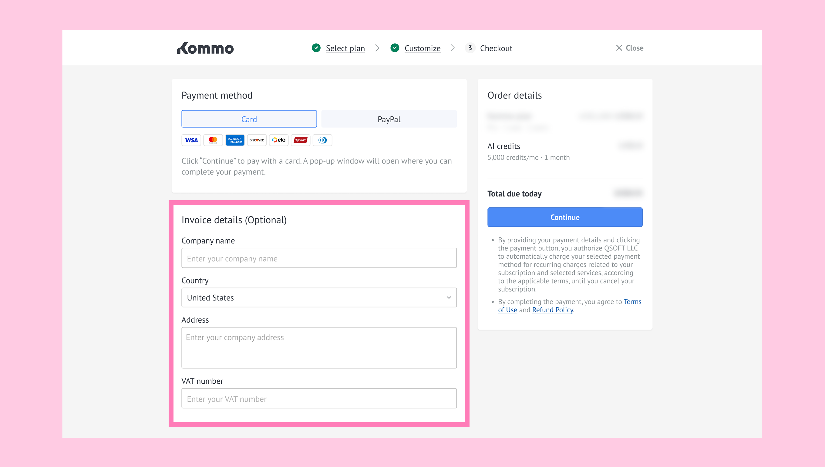 Optional invoice details for the AI credits purchase, including company name, country, address, and VAT number.