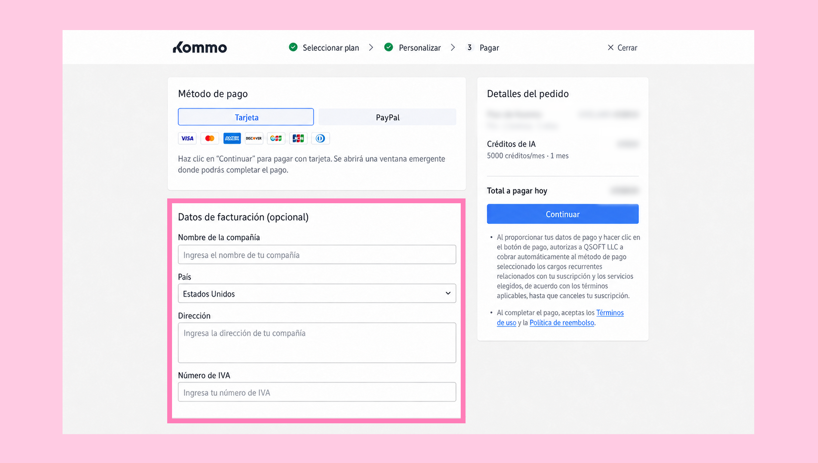 Payment method selection and billing information form for Kommo service.