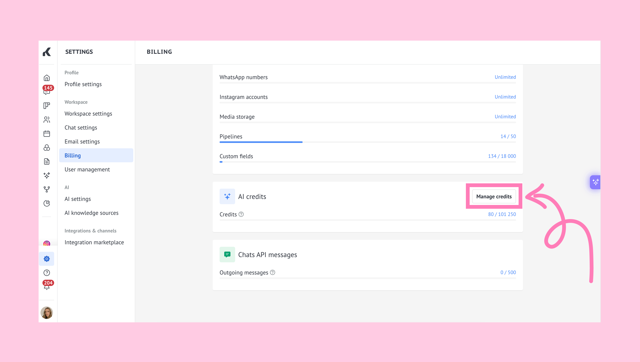 Kommo AI limits page with the Manage credits button.
