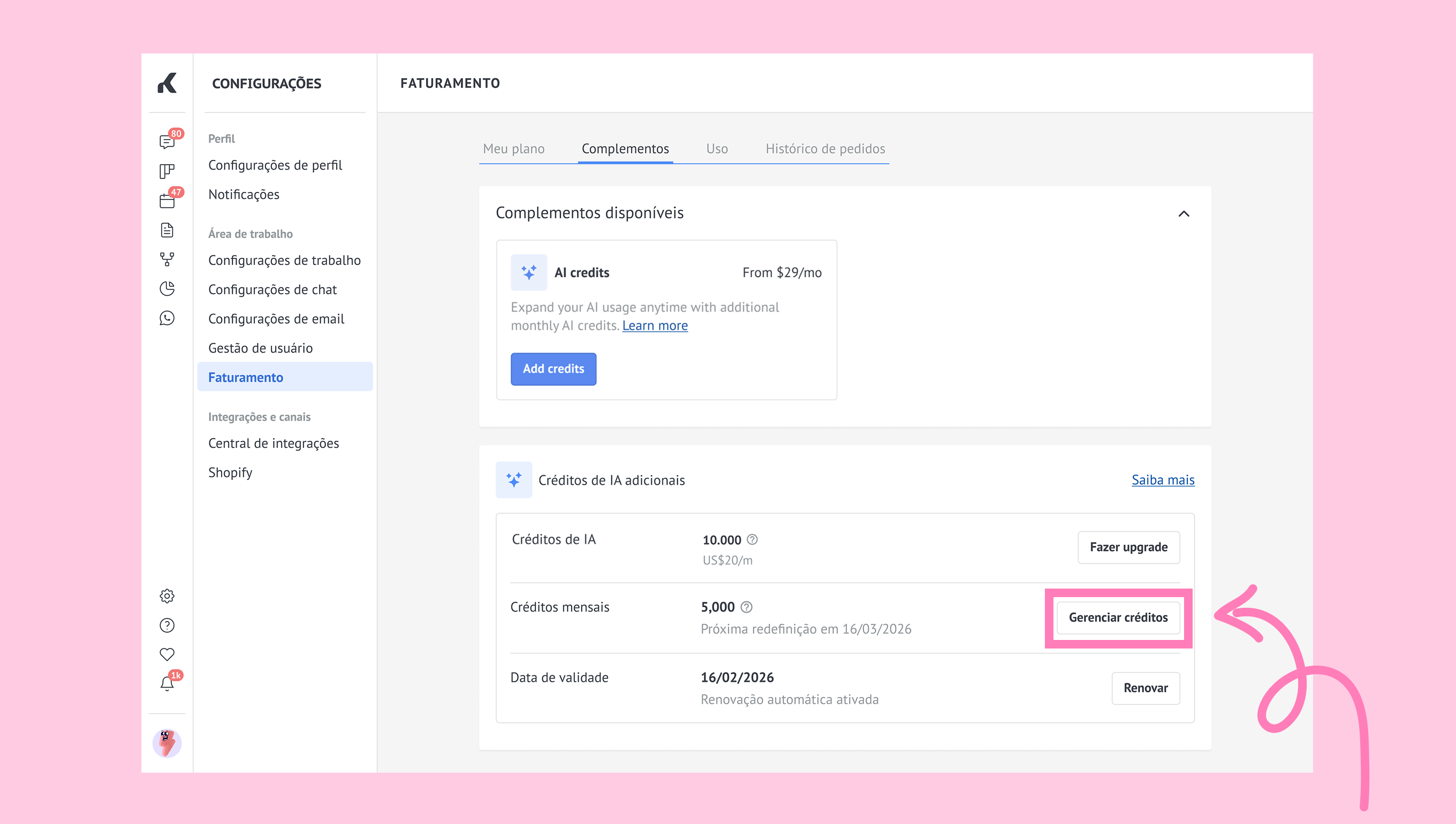 Billing settings page showing AI credits and management options for users.