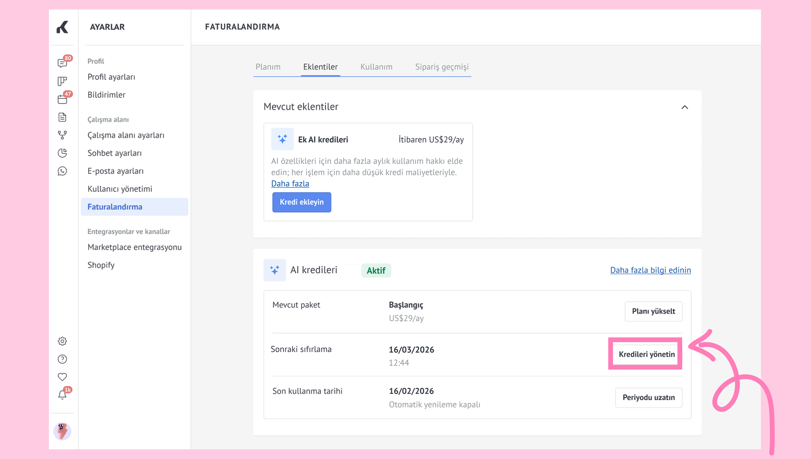User interface showing billing options and credit management features for AI services.
